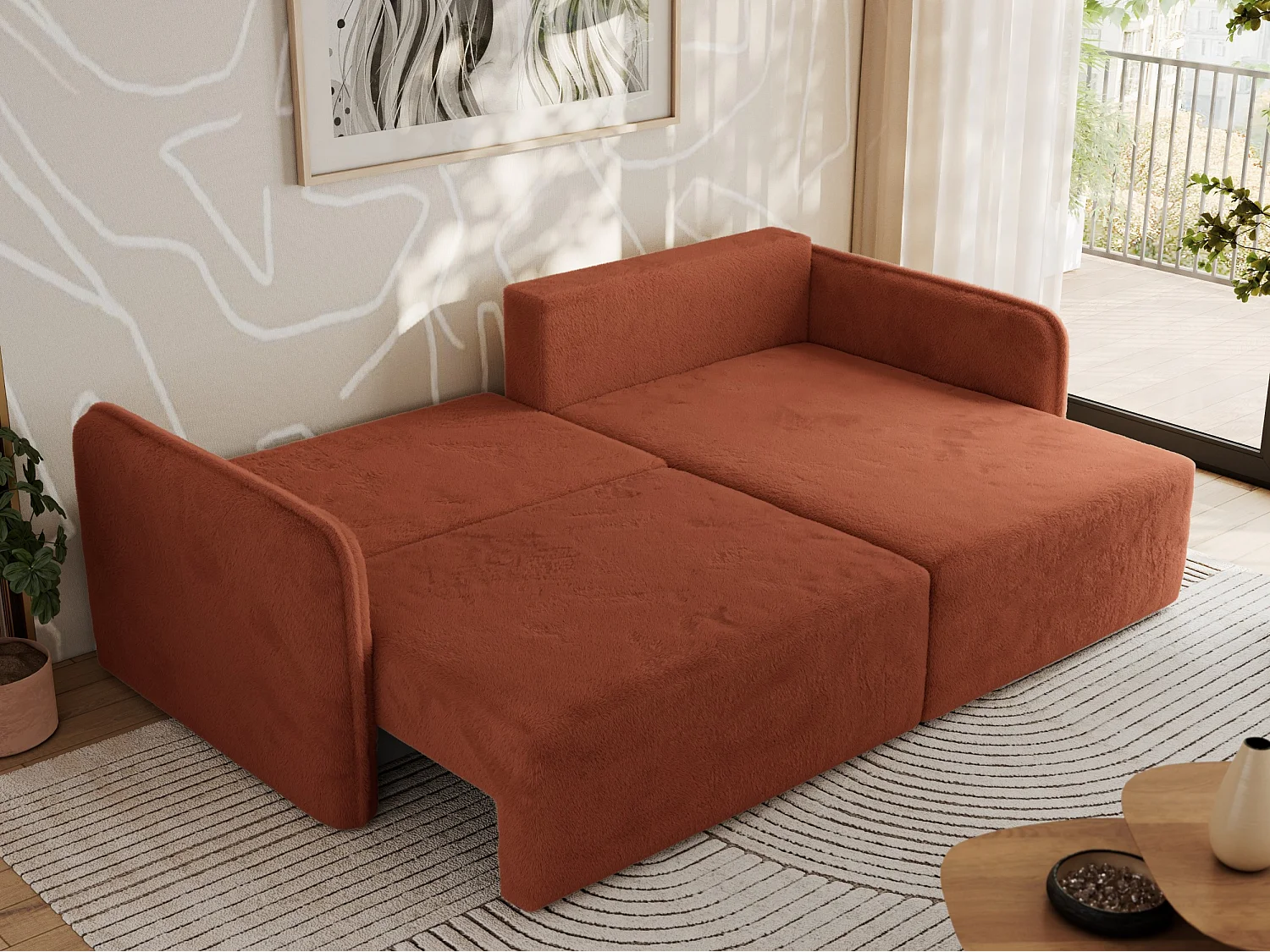 Ecksofa MESTO - Schlaffunktion und Bettkasten, L-form Couch für das Wohnzimmer, Armlehnen - Orange Plüsch - Ecke Rechts