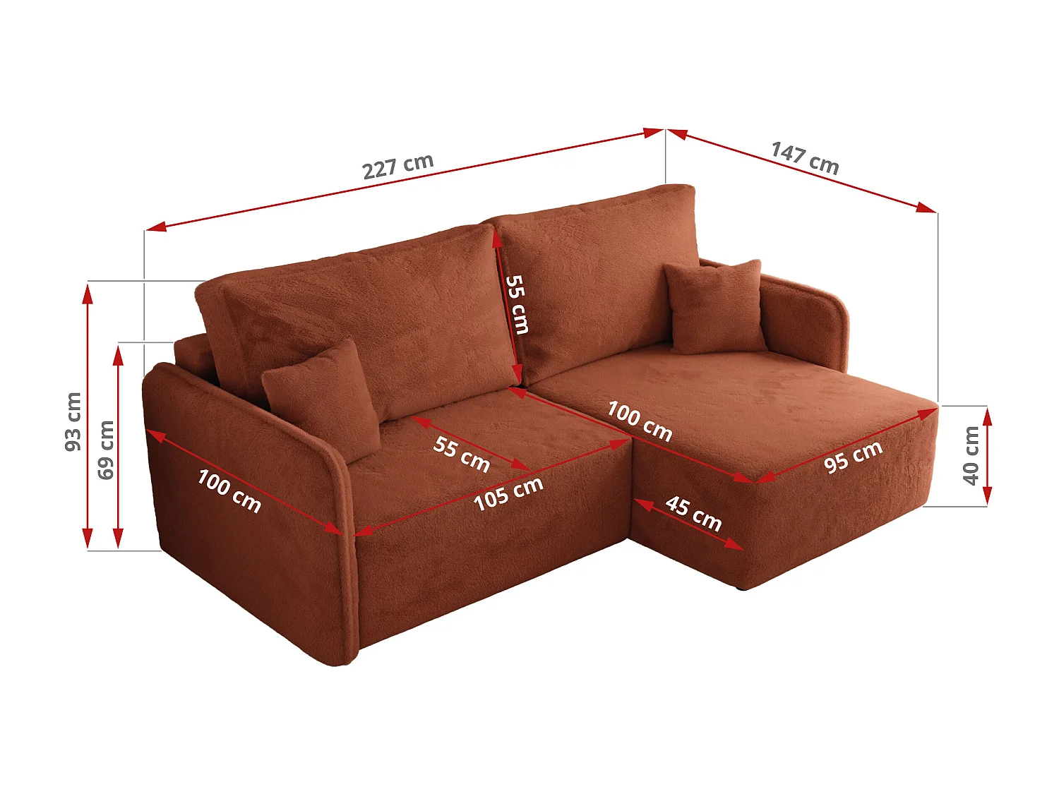 Ecksofa MESTO - Schlaffunktion und Bettkasten, L-form Couch für das Wohnzimmer, Armlehnen - Orange Plüsch - Ecke Rechts