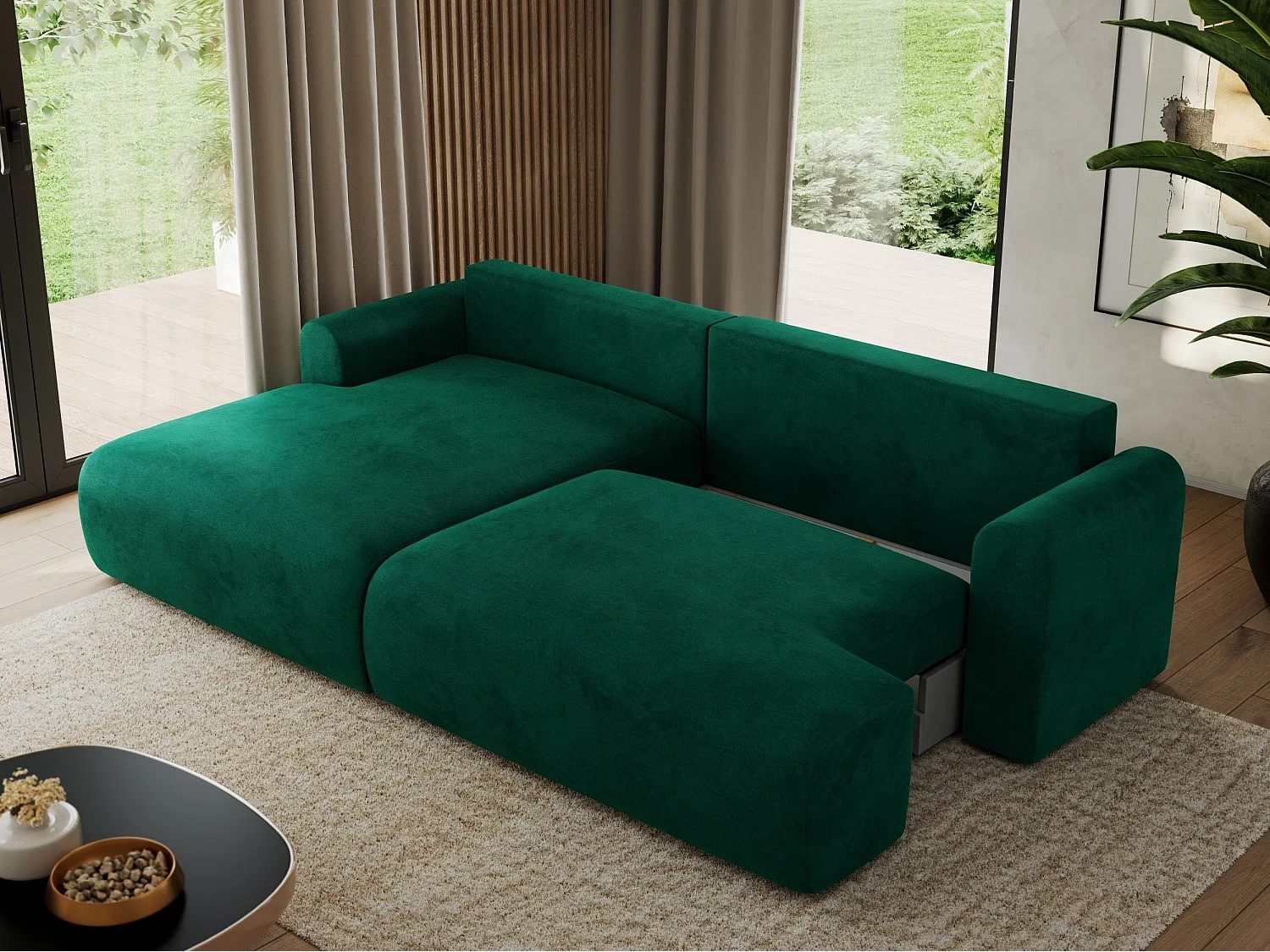 Ecksofa TONO - mit Schlaffunktion und Bettkasten, L-form Ecke, Armlehnen - Dunkelgrün Velvet - Ecke Links