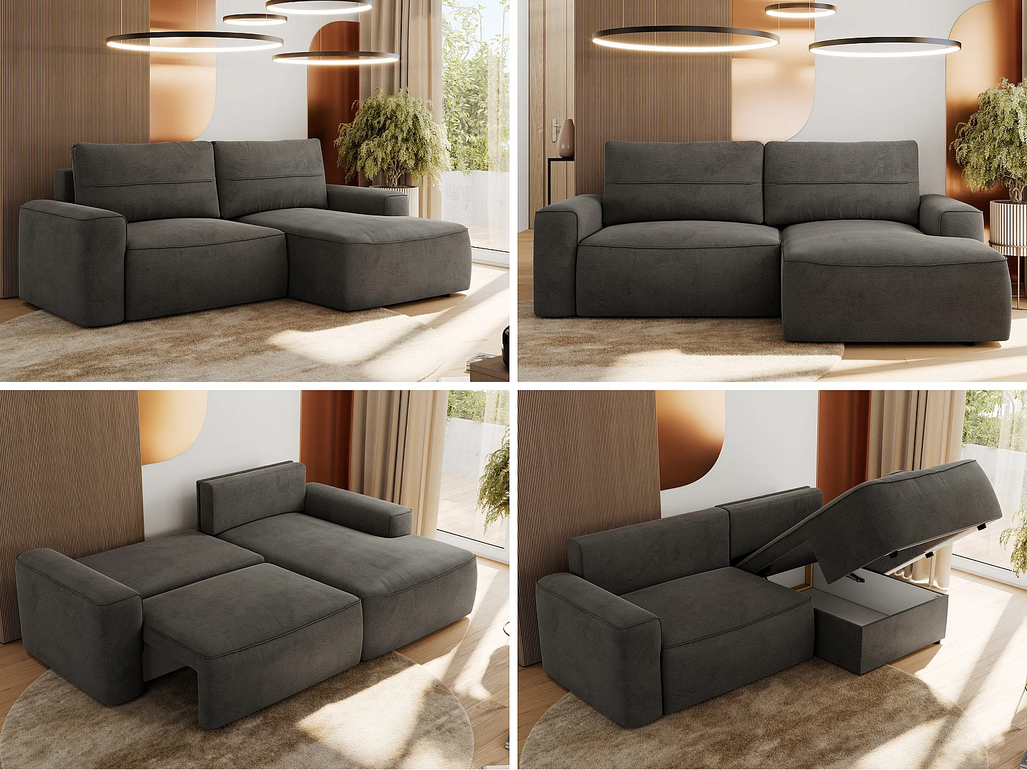 Ecksofa BELLUNO - Schlafsofa mit Bettkasten, Armlehnen, Couch L-form mit Schlaffunktion - Dunkelgrau Velvet - Ecke Rechts