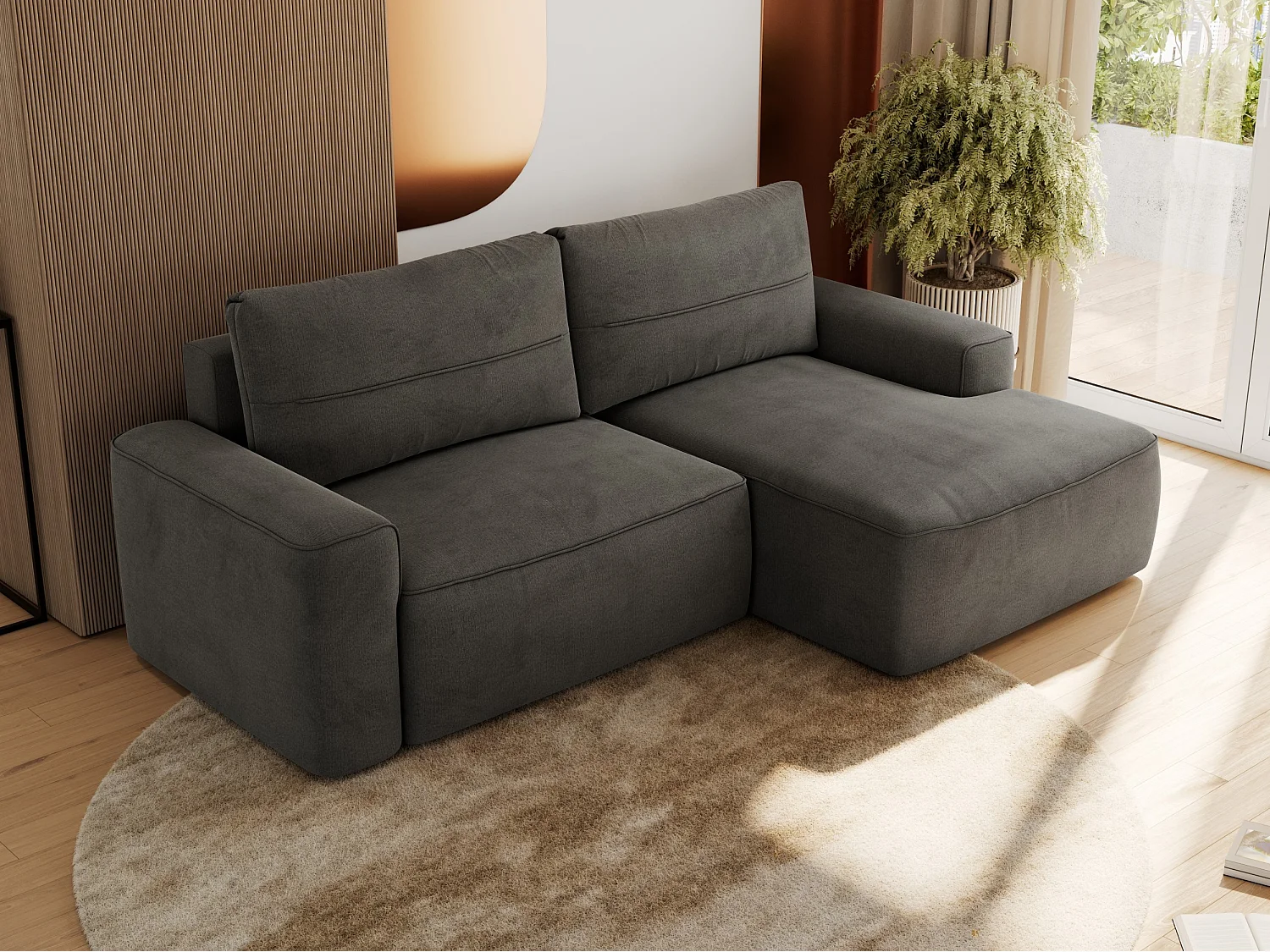 Ecksofa BELLUNO - Schlafsofa mit Bettkasten, Armlehnen, Couch L-form mit Schlaffunktion - Dunkelgrau Velvet - Ecke Rechts
