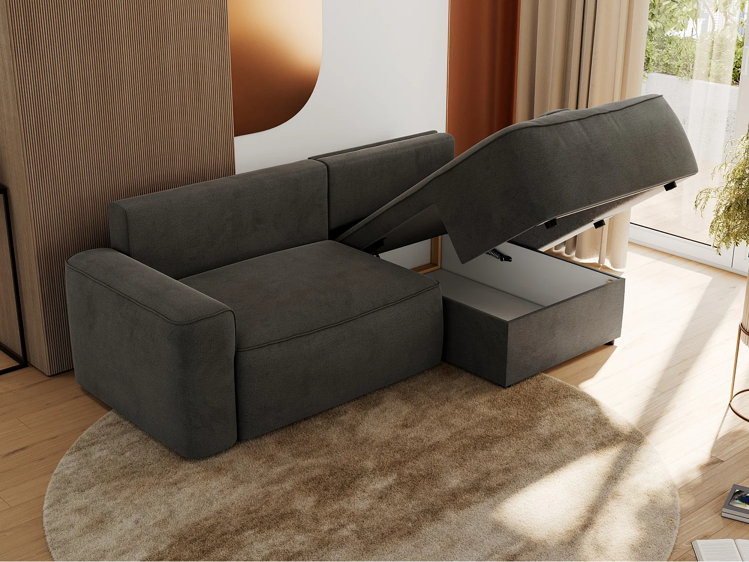 Ecksofa BELLUNO - Schlafsofa mit Bettkasten, Armlehnen, Couch L-form mit Schlaffunktion - Dunkelgrau Velvet - Ecke Rechts