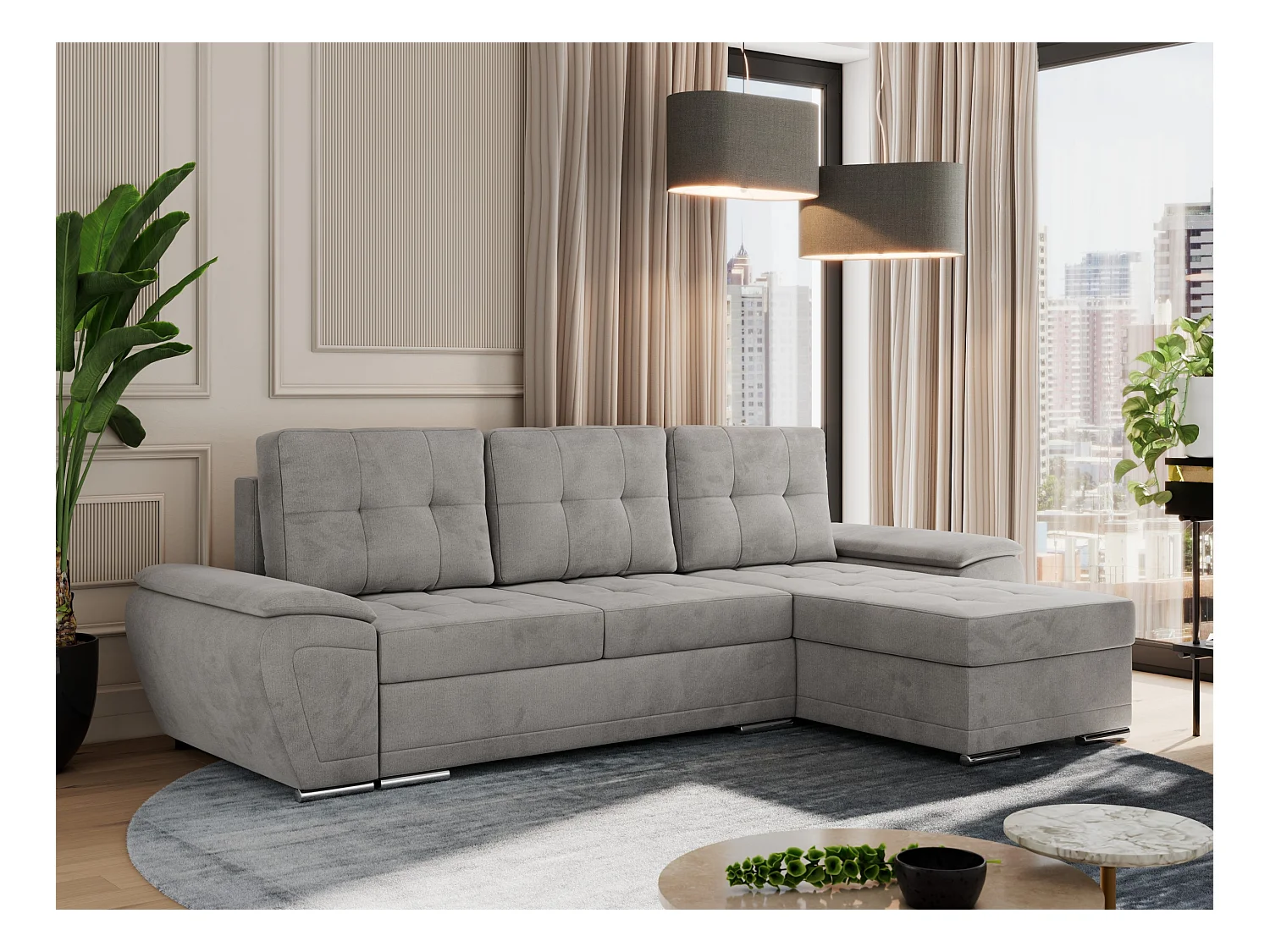 Ecksofa UMBRIA - universell L-form Couch, Schlaffunktion und Bettkasten, gesteppte Ecke - Hellgrau Velvet