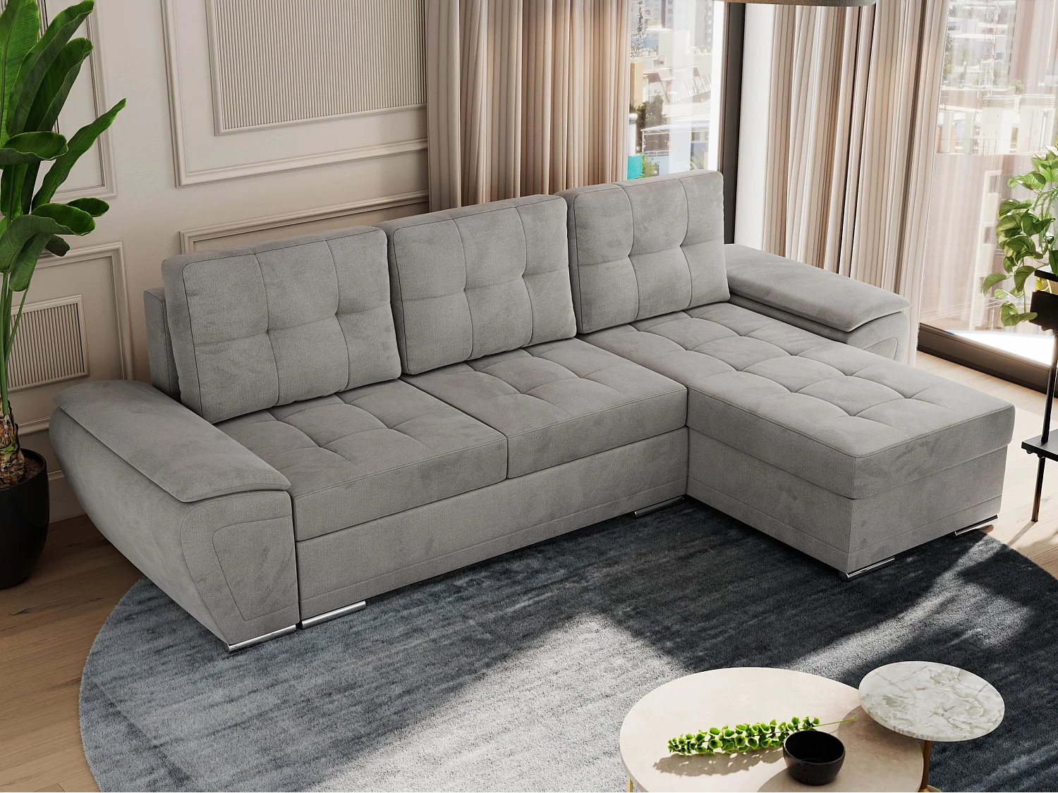 Ecksofa UMBRIA - universell L-form Couch, Schlaffunktion und Bettkasten, gesteppte Ecke - Hellgrau Velvet