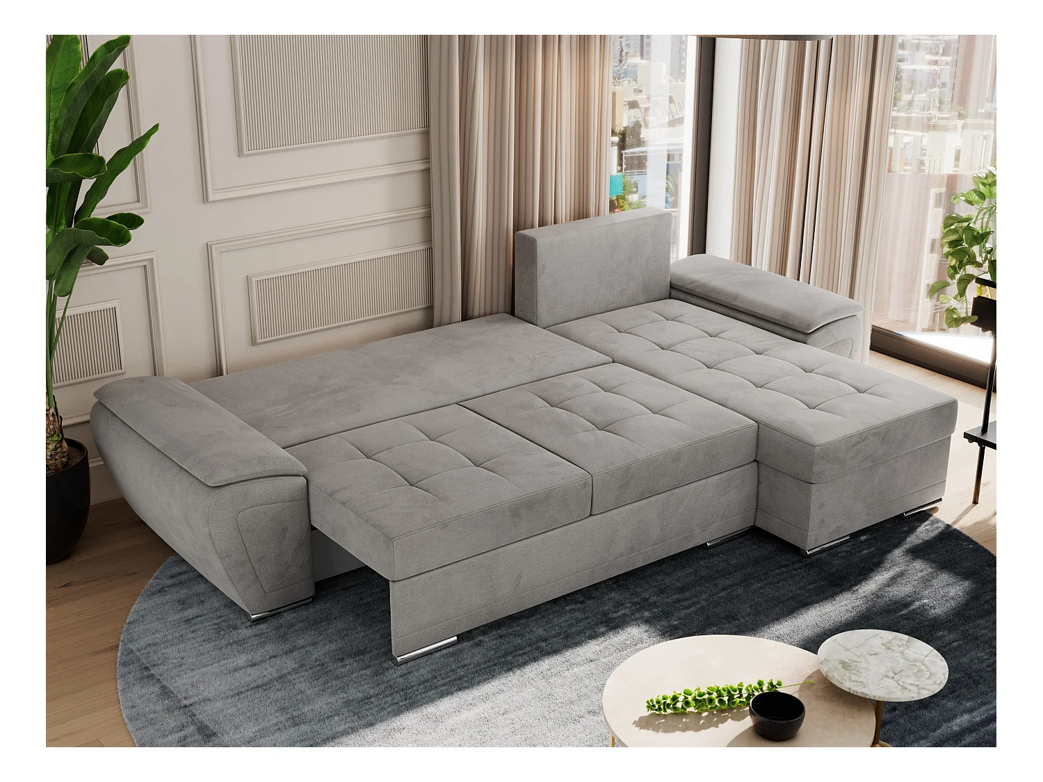 Ecksofa UMBRIA - universell L-form Couch, Schlaffunktion und Bettkasten, gesteppte Ecke - Hellgrau Velvet