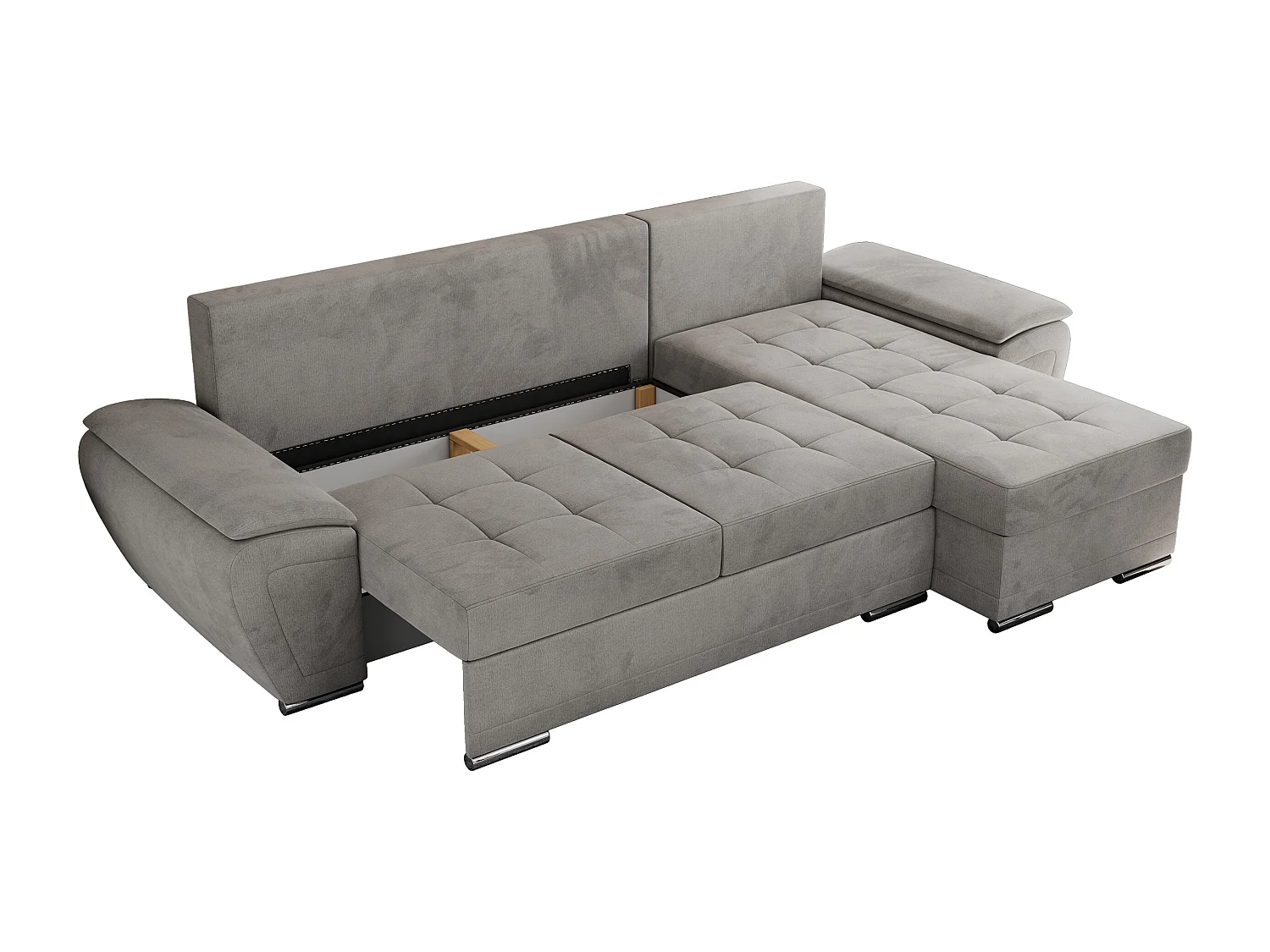 Ecksofa UMBRIA - universell L-form Couch, Schlaffunktion und Bettkasten, gesteppte Ecke - Hellgrau Velvet