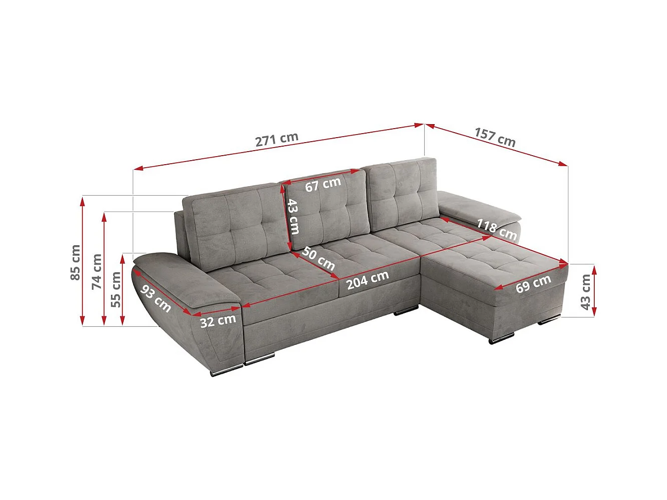 Ecksofa UMBRIA - universell L-form Couch, Schlaffunktion und Bettkasten, gesteppte Ecke - Hellgrau Velvet
