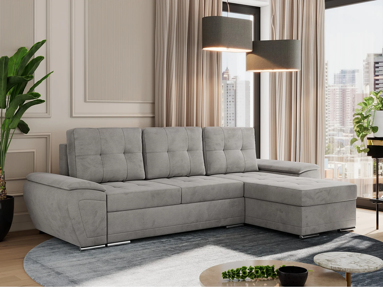 Ecksofa UMBRIA - universell L-form Couch, Schlaffunktion und Bettkasten, gesteppte Ecke - Hellgrau Velvet