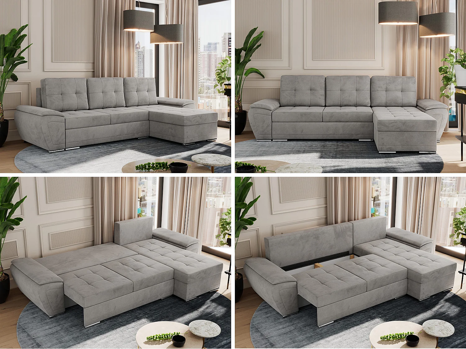Ecksofa UMBRIA - universell L-form Couch, Schlaffunktion und Bettkasten, gesteppte Ecke - Hellgrau Velvet