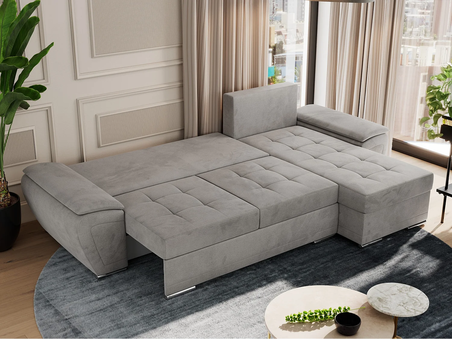 Ecksofa UMBRIA - universell L-form Couch, Schlaffunktion und Bettkasten, gesteppte Ecke - Hellgrau Velvet