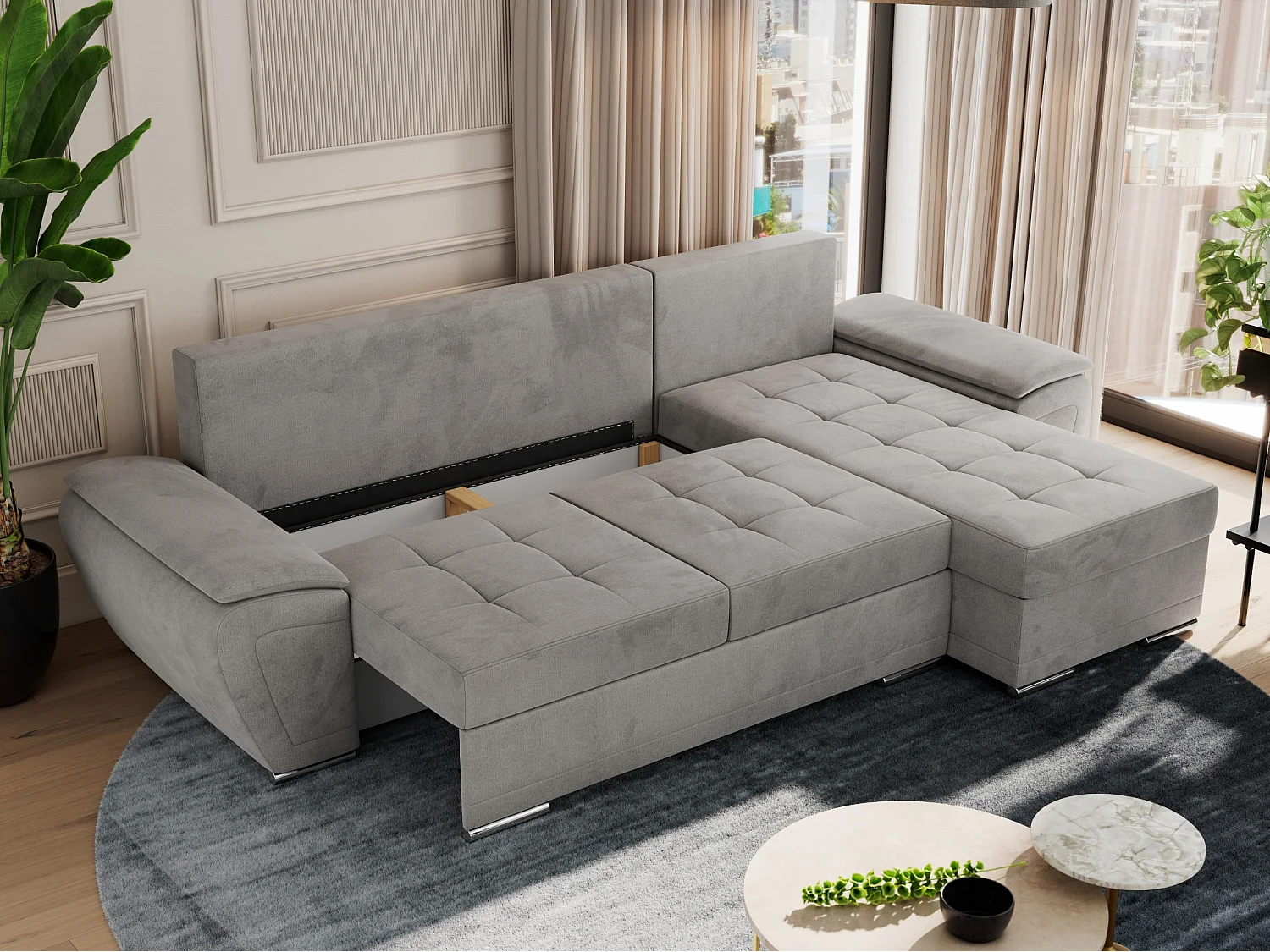 Ecksofa UMBRIA - universell L-form Couch, Schlaffunktion und Bettkasten, gesteppte Ecke - Hellgrau Velvet
