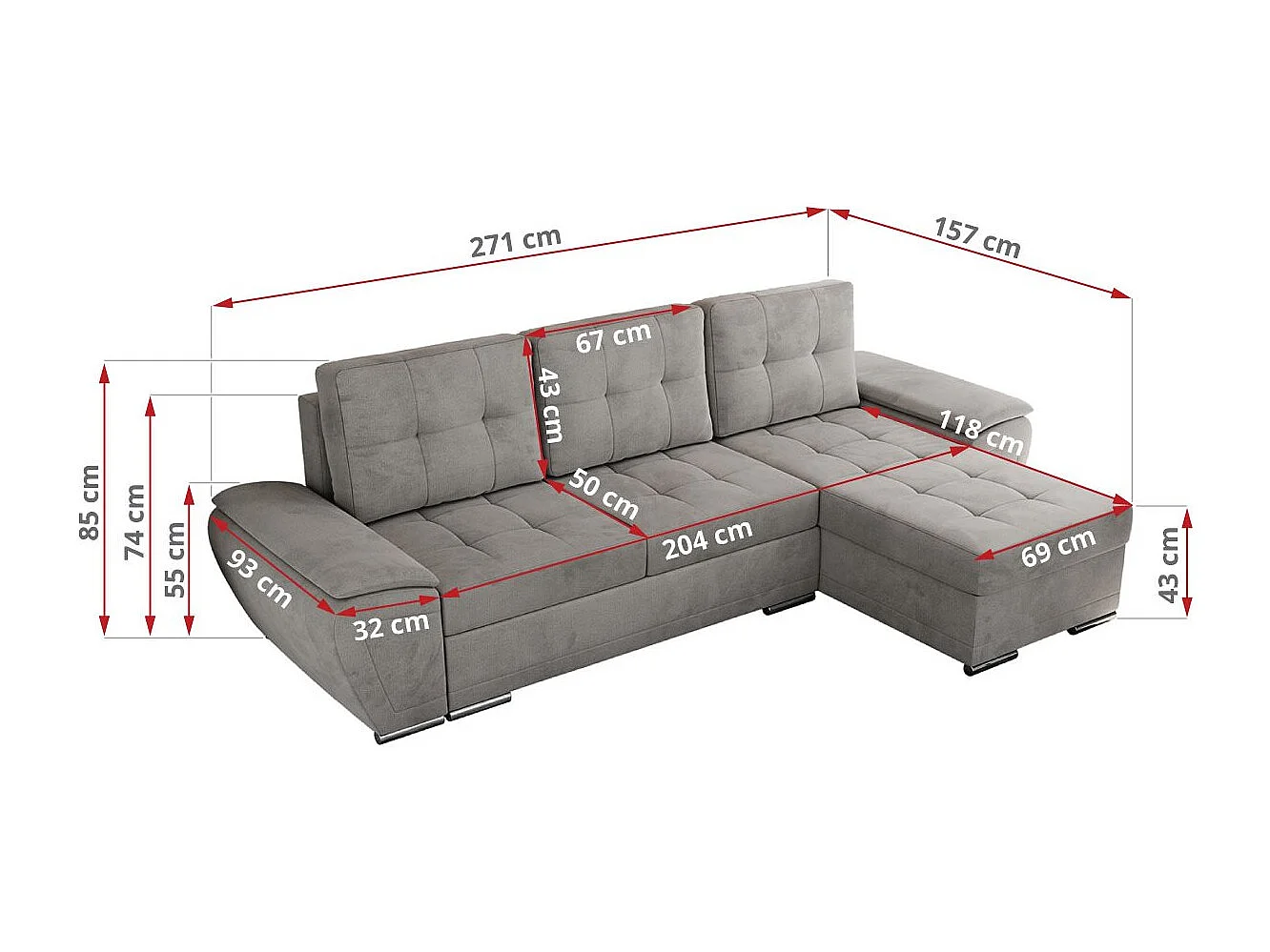 Ecksofa UMBRIA - universell L-form Couch, Schlaffunktion und Bettkasten, gesteppte Ecke - Hellgrau Velvet
