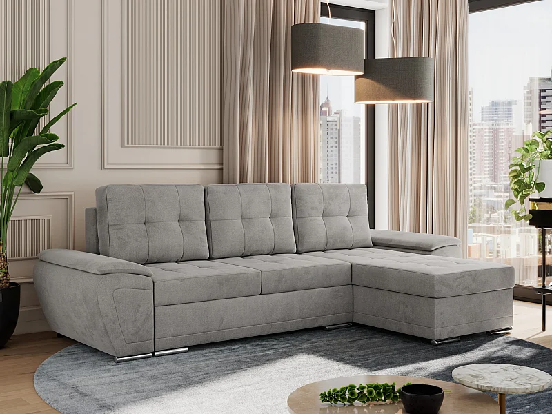 Ecksofa UMBRIA - universell L-form Couch, Schlaffunktion und Bettkasten, gesteppte Ecke - Hellgrau Velvet