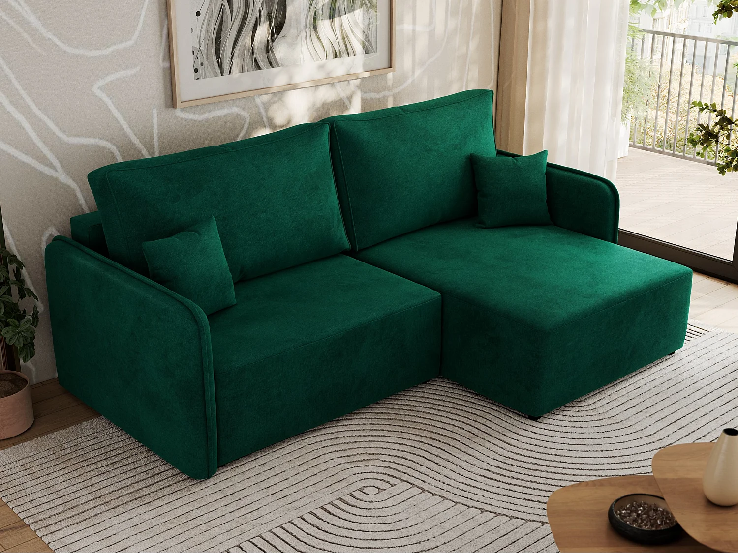 Ecksofa MESTO - Schlaffunktion und Bettkasten, L-form Couch für das Wohnzimmer, Armlehnen - Dunkelgrün Velvet - Ecke Rechts