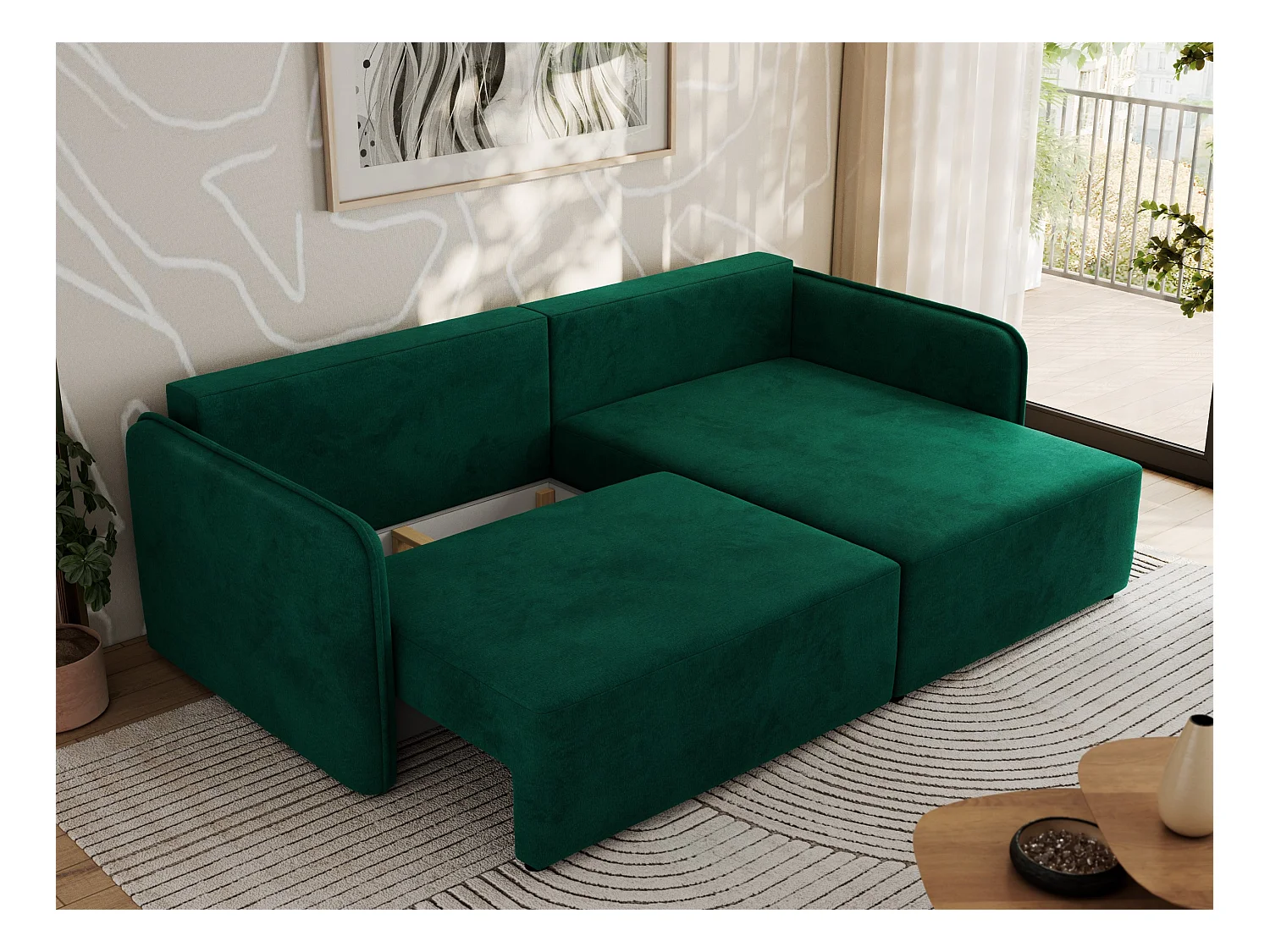 Ecksofa MESTO - Schlaffunktion und Bettkasten, L-form Couch für das Wohnzimmer, Armlehnen - Dunkelgrün Velvet - Ecke Rechts