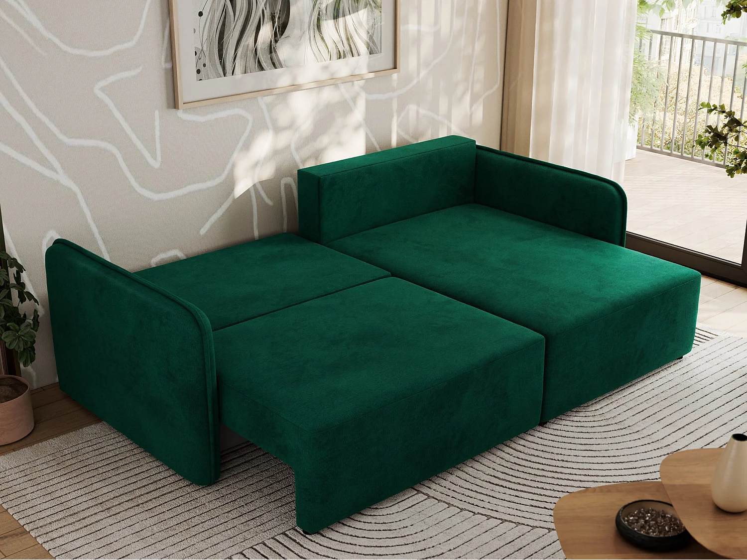 Ecksofa MESTO - Schlaffunktion und Bettkasten, L-form Couch für das Wohnzimmer, Armlehnen - Dunkelgrün Velvet - Ecke Rechts