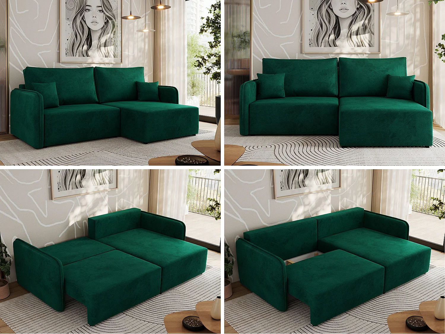Ecksofa MESTO - Schlaffunktion und Bettkasten, L-form Couch für das Wohnzimmer, Armlehnen - Dunkelgrün Velvet - Ecke Rechts