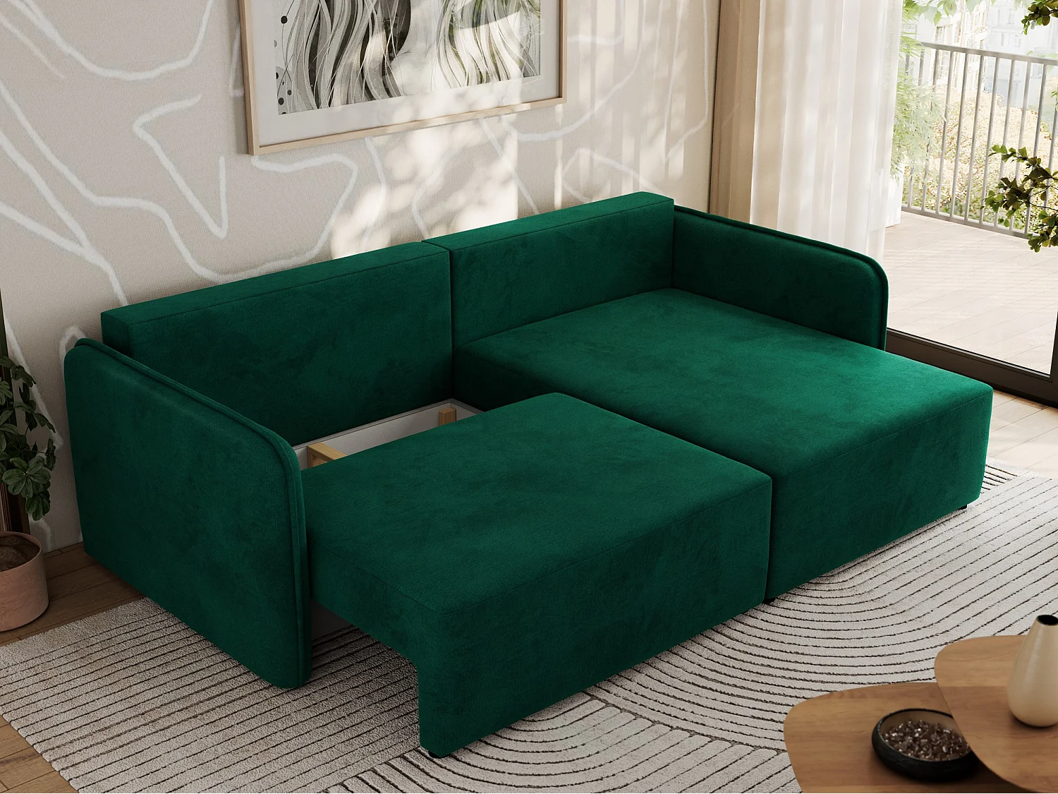 Ecksofa MESTO - Schlaffunktion und Bettkasten, L-form Couch für das Wohnzimmer, Armlehnen - Dunkelgrün Velvet - Ecke Rechts
