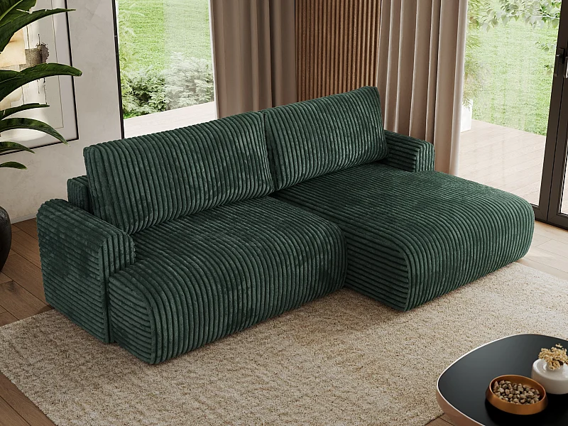 Ecksofa TONO - mit Schlaffunktion und Bettkasten, L-form Ecke, Armlehnen - Grün Cord - Ecke Rechts