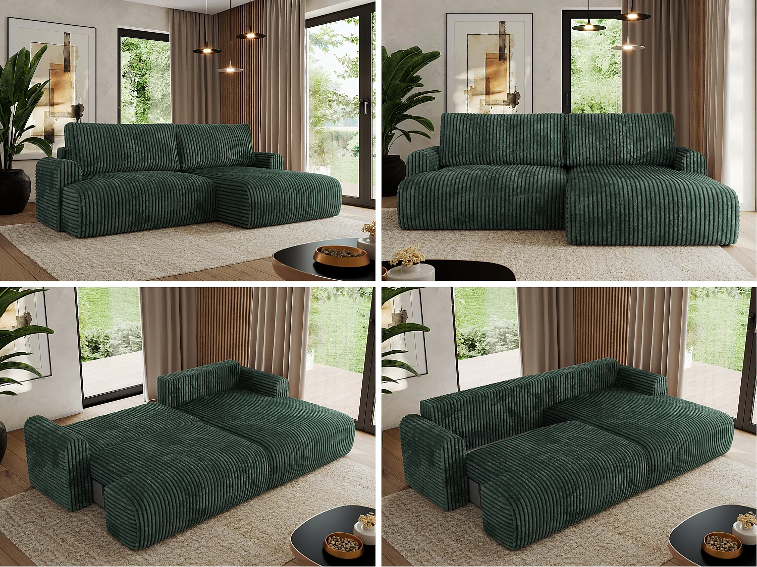 Ecksofa TONO - mit Schlaffunktion und Bettkasten, L-form Ecke, Armlehnen - Grün Cord - Ecke Rechts