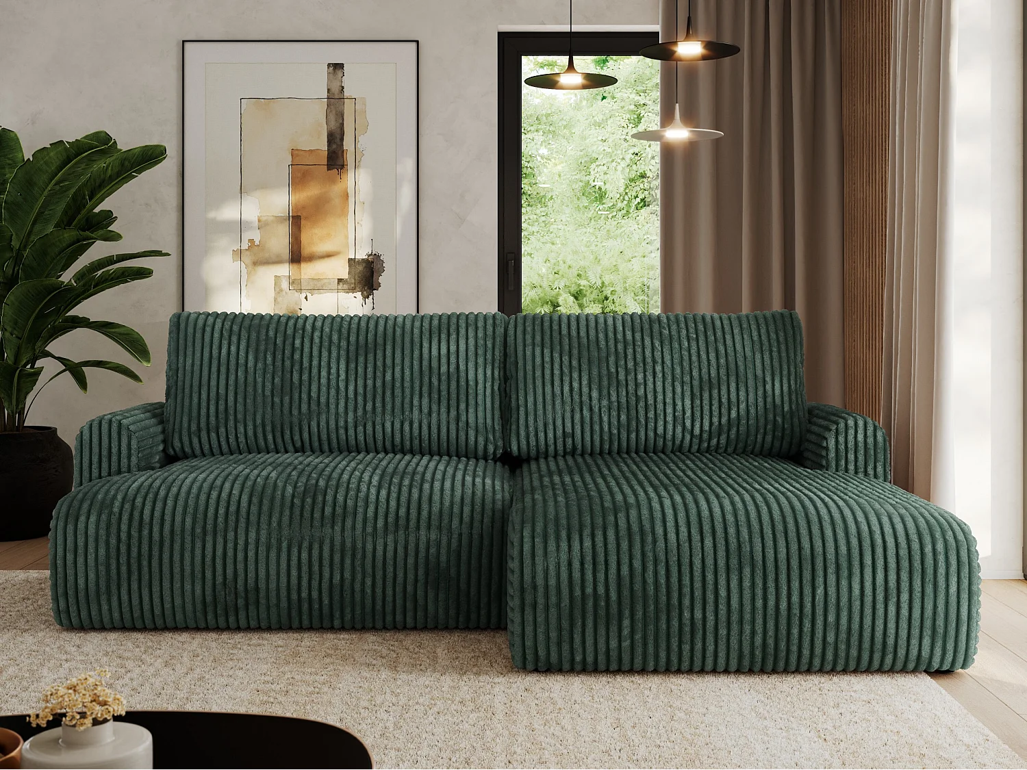 Ecksofa TONO - mit Schlaffunktion und Bettkasten, L-form Ecke, Armlehnen - Grün Cord - Ecke Rechts