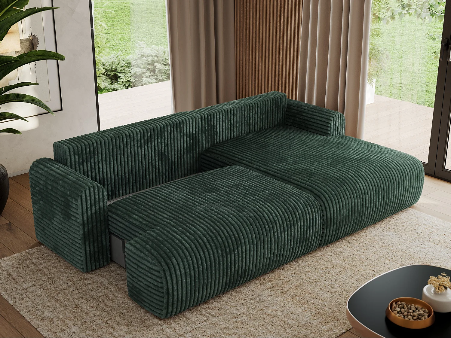 Ecksofa TONO - mit Schlaffunktion und Bettkasten, L-form Ecke, Armlehnen - Grün Cord - Ecke Rechts