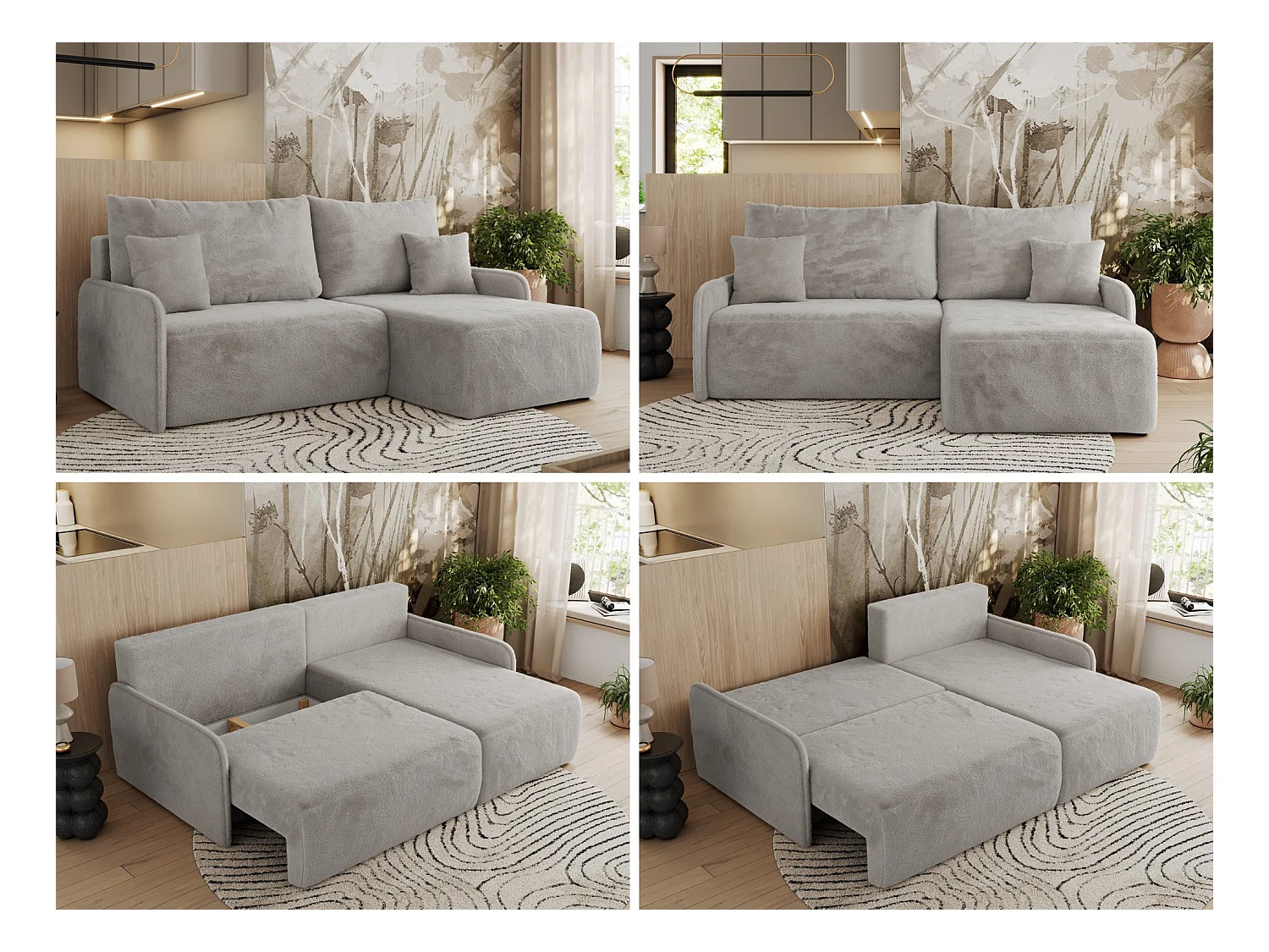 Ecksofa ARPA - L-form Schlaffsofa, Bettkasten und lose Kissen, Armlehnen - Hellgrau Plüsch - Ecke Rechts