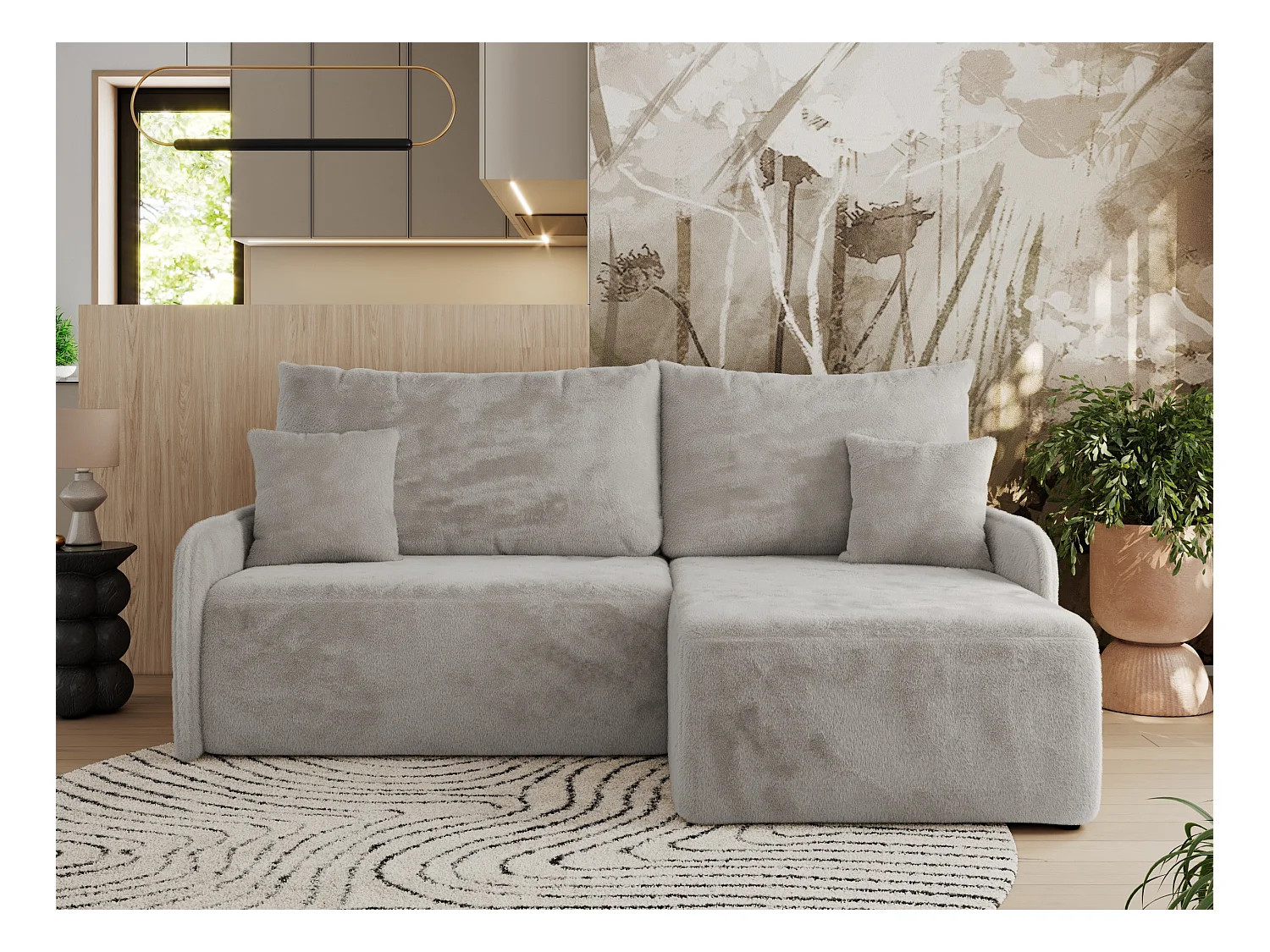 Ecksofa ARPA - L-form Schlaffsofa, Bettkasten und lose Kissen, Armlehnen - Hellgrau Plüsch - Ecke Rechts