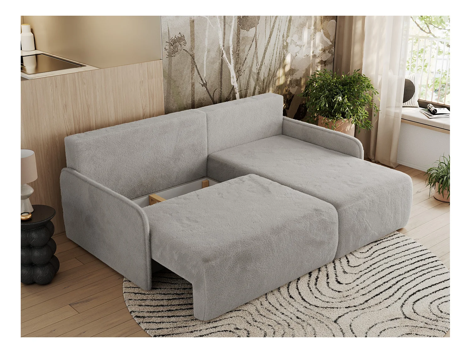 Ecksofa ARPA - L-form Schlaffsofa, Bettkasten und lose Kissen, Armlehnen - Hellgrau Plüsch - Ecke Rechts