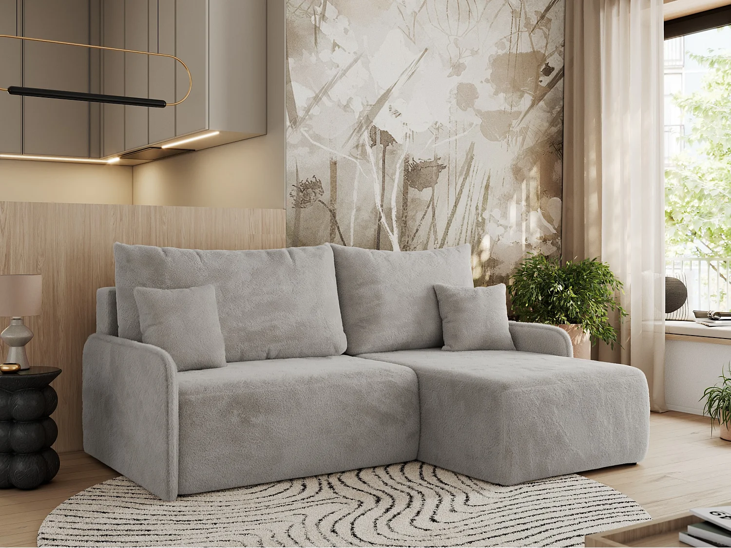 Ecksofa ARPA - L-form Schlaffsofa, Bettkasten und lose Kissen, Armlehnen - Hellgrau Plüsch - Ecke Rechts