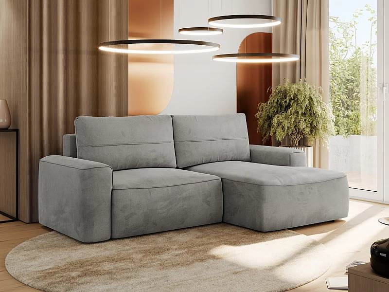 Ecksofa BELLUNO - Schlafsofa mit Bettkasten, Armlehnen, Couch L-form mit Schlaffunktion - Hellgrau Velvet - Ecke Rechts