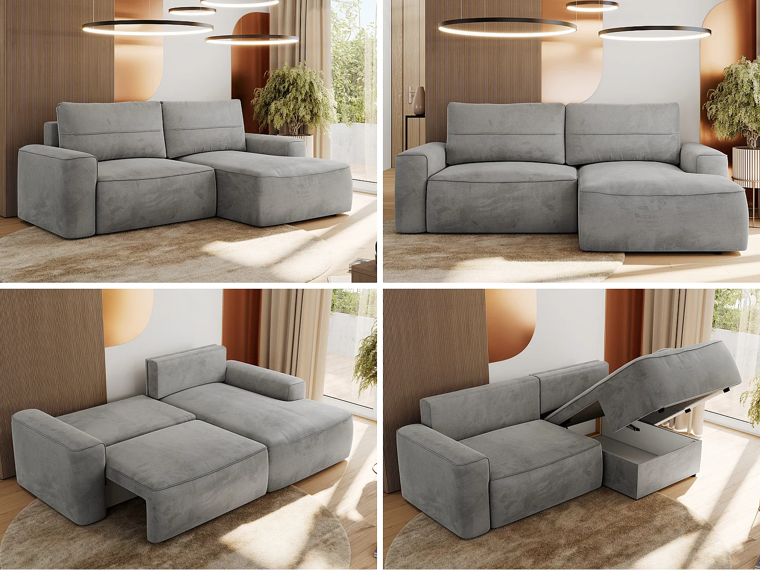 Ecksofa BELLUNO - Schlafsofa mit Bettkasten, Armlehnen, Couch L-form mit Schlaffunktion - Hellgrau Velvet - Ecke Rechts