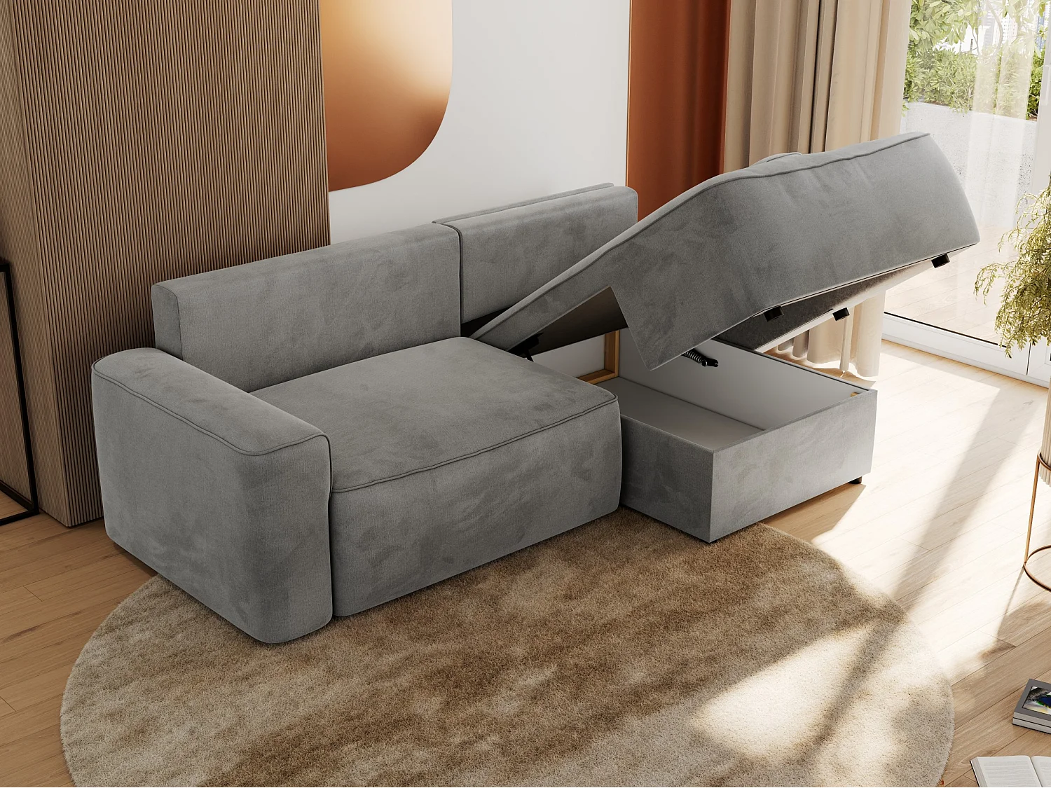 Ecksofa BELLUNO - Schlafsofa mit Bettkasten, Armlehnen, Couch L-form mit Schlaffunktion - Hellgrau Velvet - Ecke Rechts