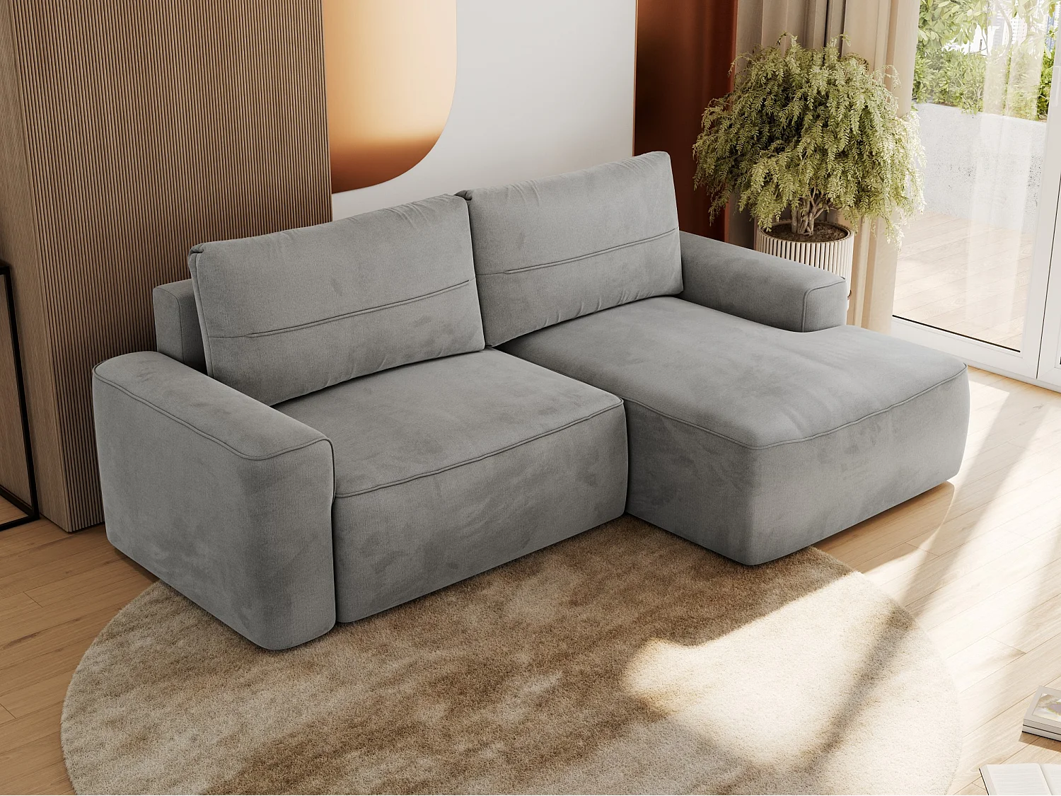 Ecksofa BELLUNO - Schlafsofa mit Bettkasten, Armlehnen, Couch L-form mit Schlaffunktion - Hellgrau Velvet - Ecke Rechts