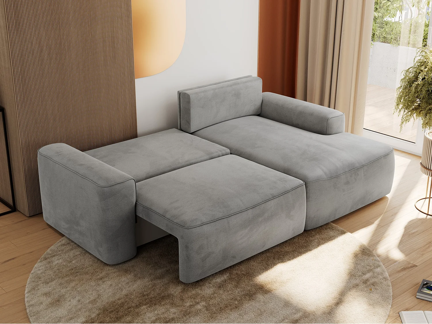 Ecksofa BELLUNO - Schlafsofa mit Bettkasten, Armlehnen, Couch L-form mit Schlaffunktion - Hellgrau Velvet - Ecke Rechts