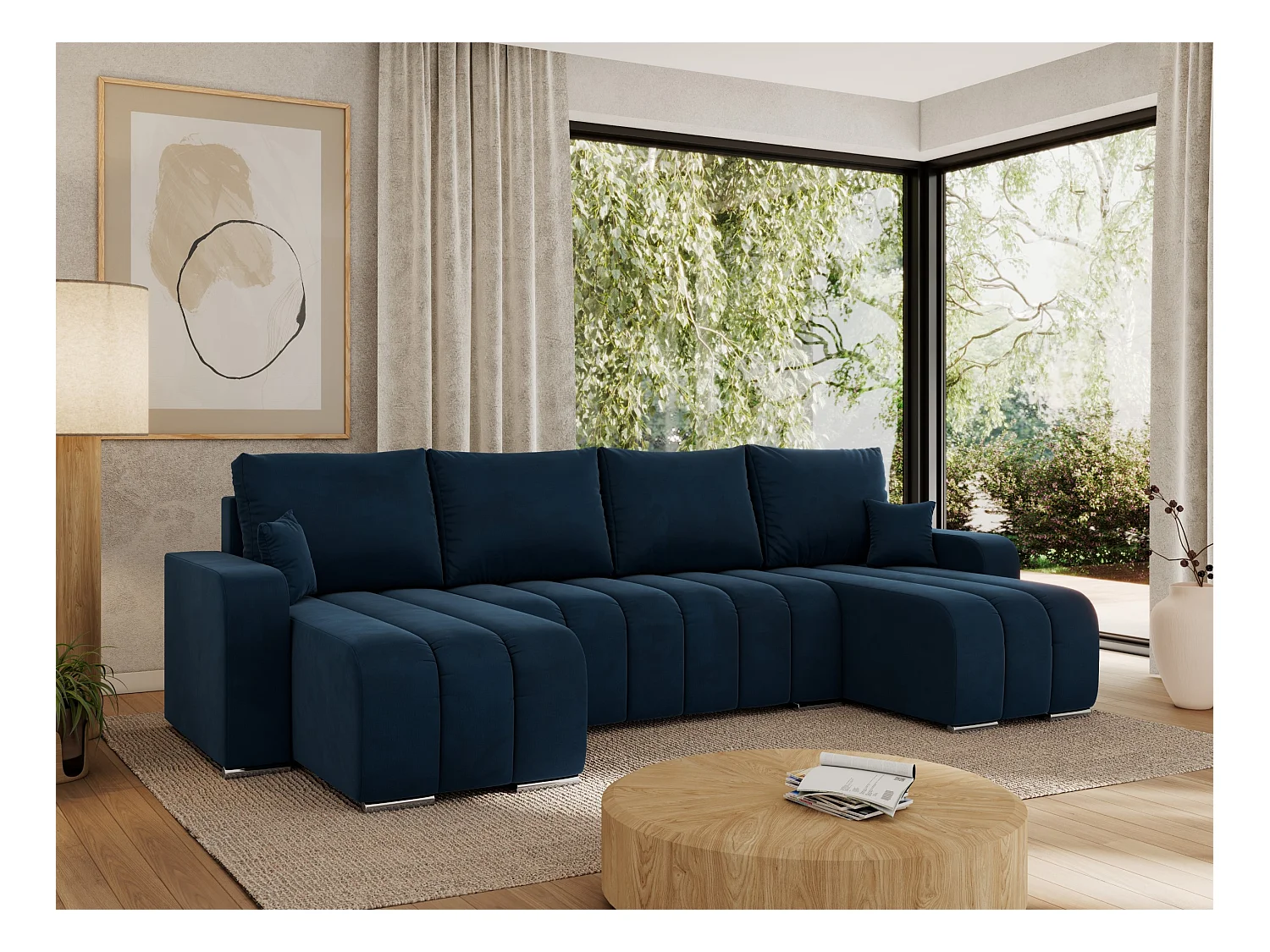 Ecksofa KIRASSO U - Wohnlandschaft, Schlaffunktion und Bettkasten, Couch U-form, lose Kissen - Dunkelblau Velvet