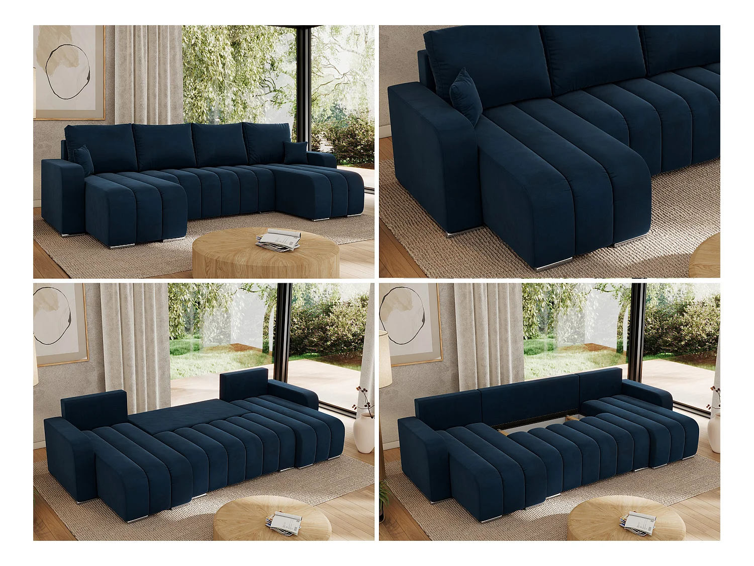 Ecksofa KIRASSO U - Wohnlandschaft, Schlaffunktion und Bettkasten, Couch U-form, lose Kissen - Dunkelblau Velvet