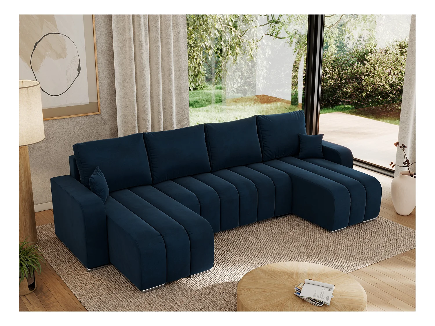 Ecksofa KIRASSO U - Wohnlandschaft, Schlaffunktion und Bettkasten, Couch U-form, lose Kissen - Dunkelblau Velvet