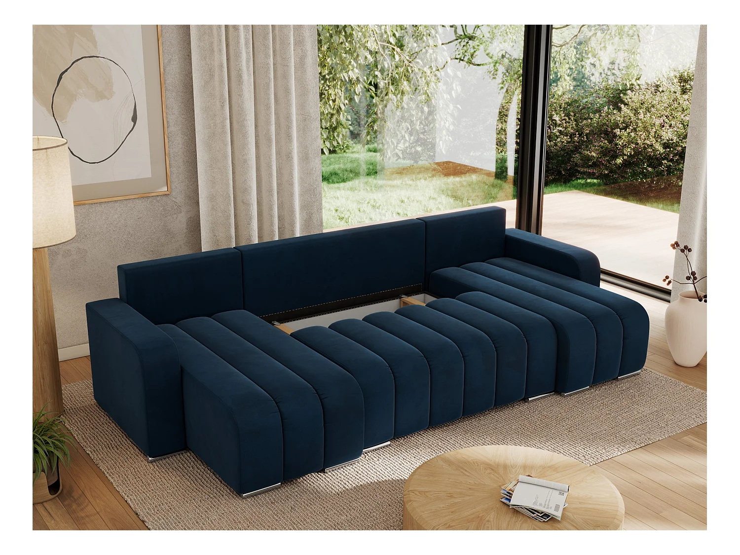 Ecksofa KIRASSO U - Wohnlandschaft, Schlaffunktion und Bettkasten, Couch U-form, lose Kissen - Dunkelblau Velvet