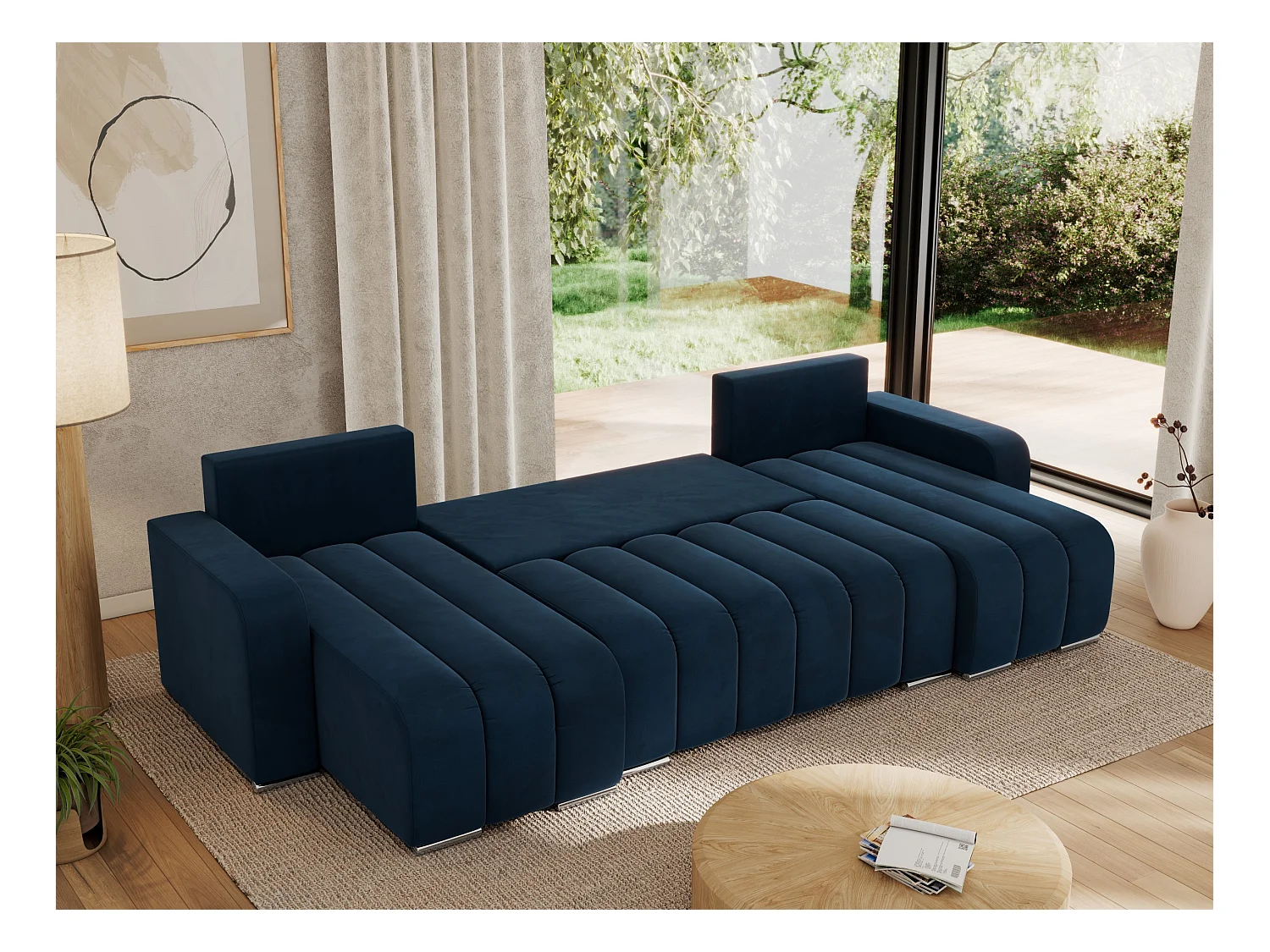 Ecksofa KIRASSO U - Wohnlandschaft, Schlaffunktion und Bettkasten, Couch U-form, lose Kissen - Dunkelblau Velvet