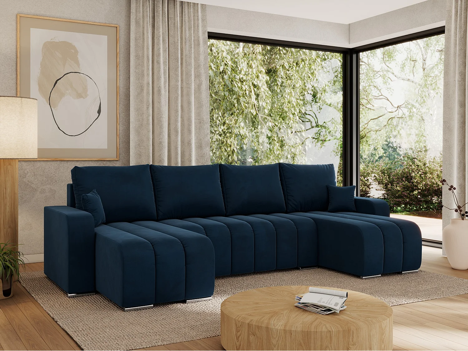 Ecksofa KIRASSO U - Wohnlandschaft, Schlaffunktion und Bettkasten, Couch U-form, lose Kissen - Dunkelblau Velvet