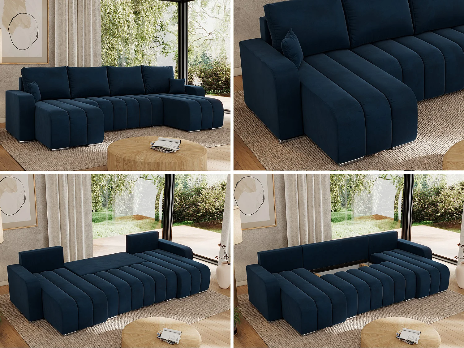 Ecksofa KIRASSO U - Wohnlandschaft, Schlaffunktion und Bettkasten, Couch U-form, lose Kissen - Dunkelblau Velvet
