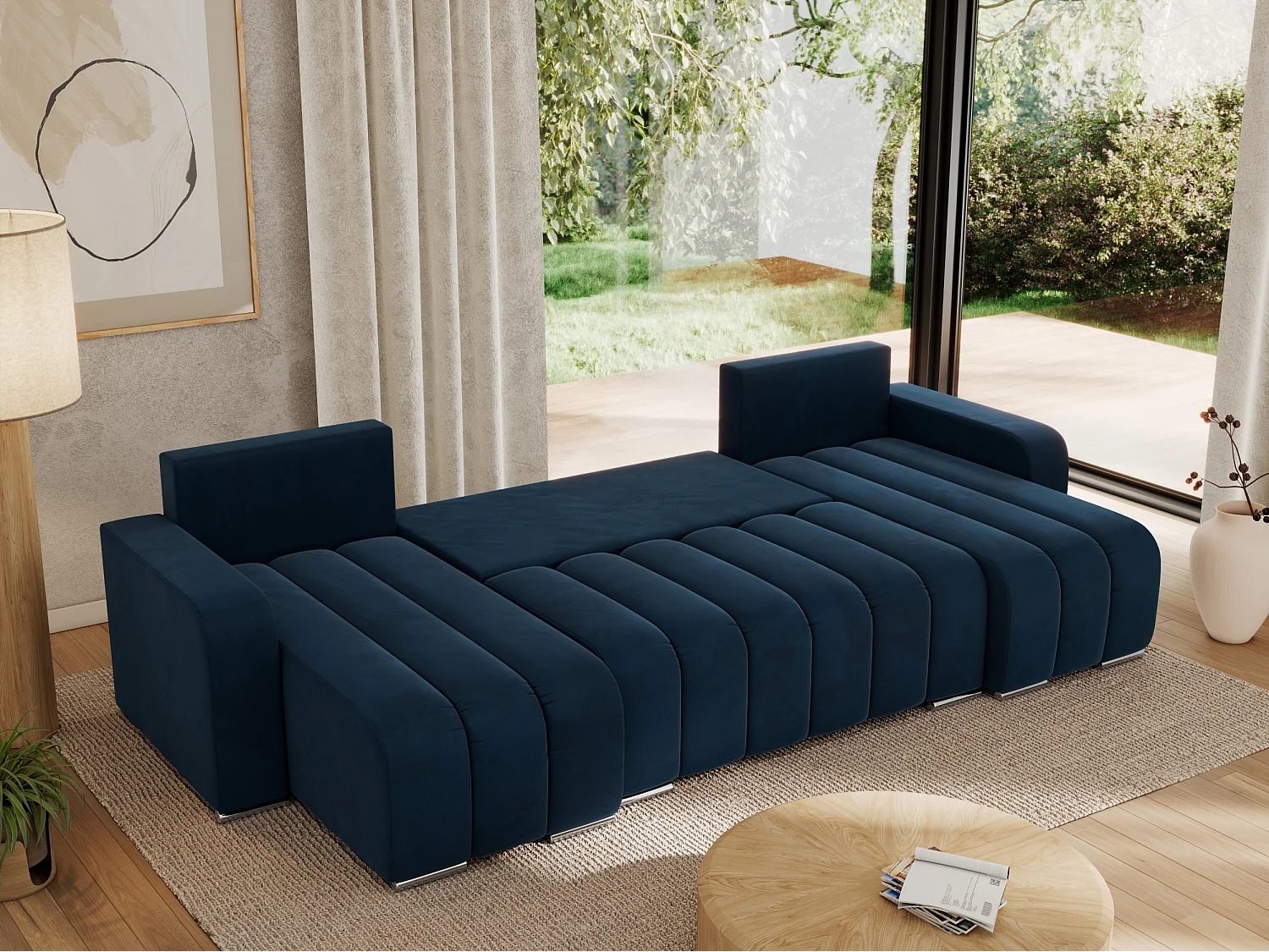 Ecksofa KIRASSO U - Wohnlandschaft, Schlaffunktion und Bettkasten, Couch U-form, lose Kissen - Dunkelblau Velvet
