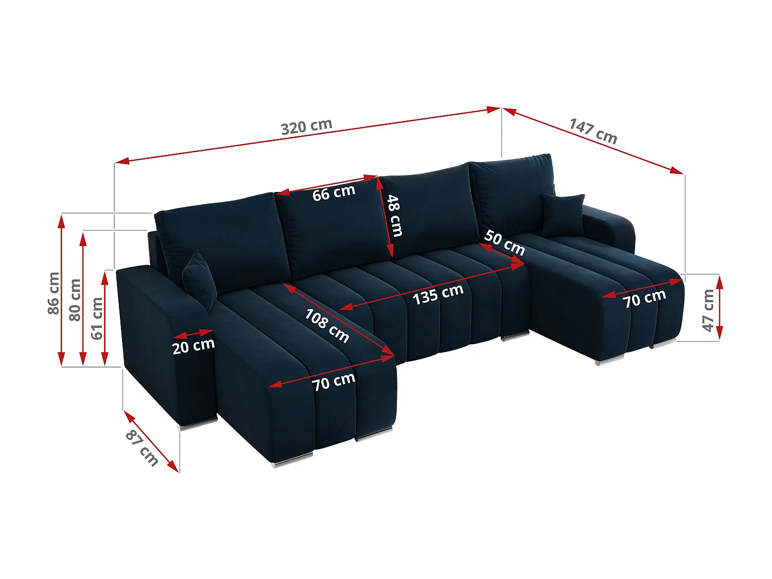 Ecksofa KIRASSO U - Wohnlandschaft, Schlaffunktion und Bettkasten, Couch U-form, lose Kissen - Dunkelblau Velvet