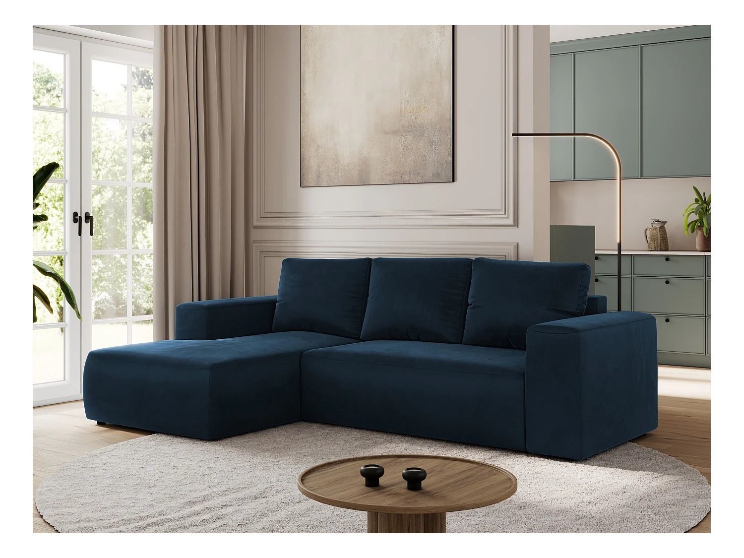 Ecksofa TRENTINO - mit Schlaffunktion und Bettkasten, L-form Couch, lose Kissen und Armlehnen - Dunkelblau Velvet - Ecke Links