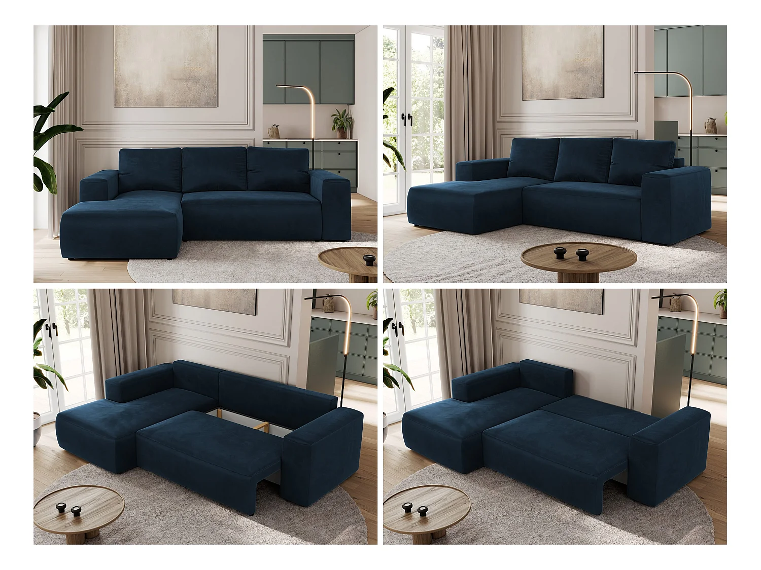 Ecksofa TRENTINO - mit Schlaffunktion und Bettkasten, L-form Couch, lose Kissen und Armlehnen - Dunkelblau Velvet - Ecke Links