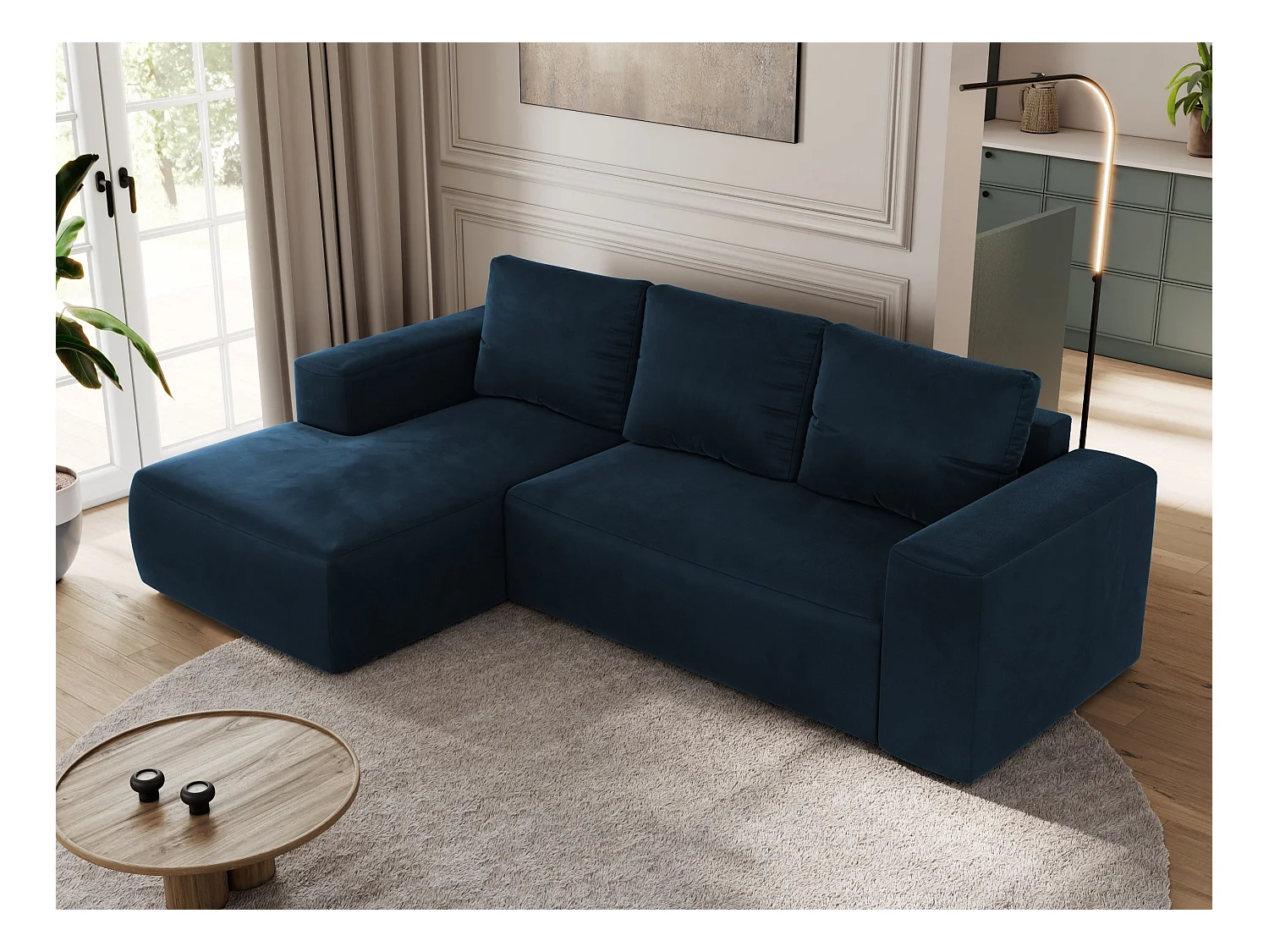 Ecksofa TRENTINO - mit Schlaffunktion und Bettkasten, L-form Couch, lose Kissen und Armlehnen - Dunkelblau Velvet - Ecke Links