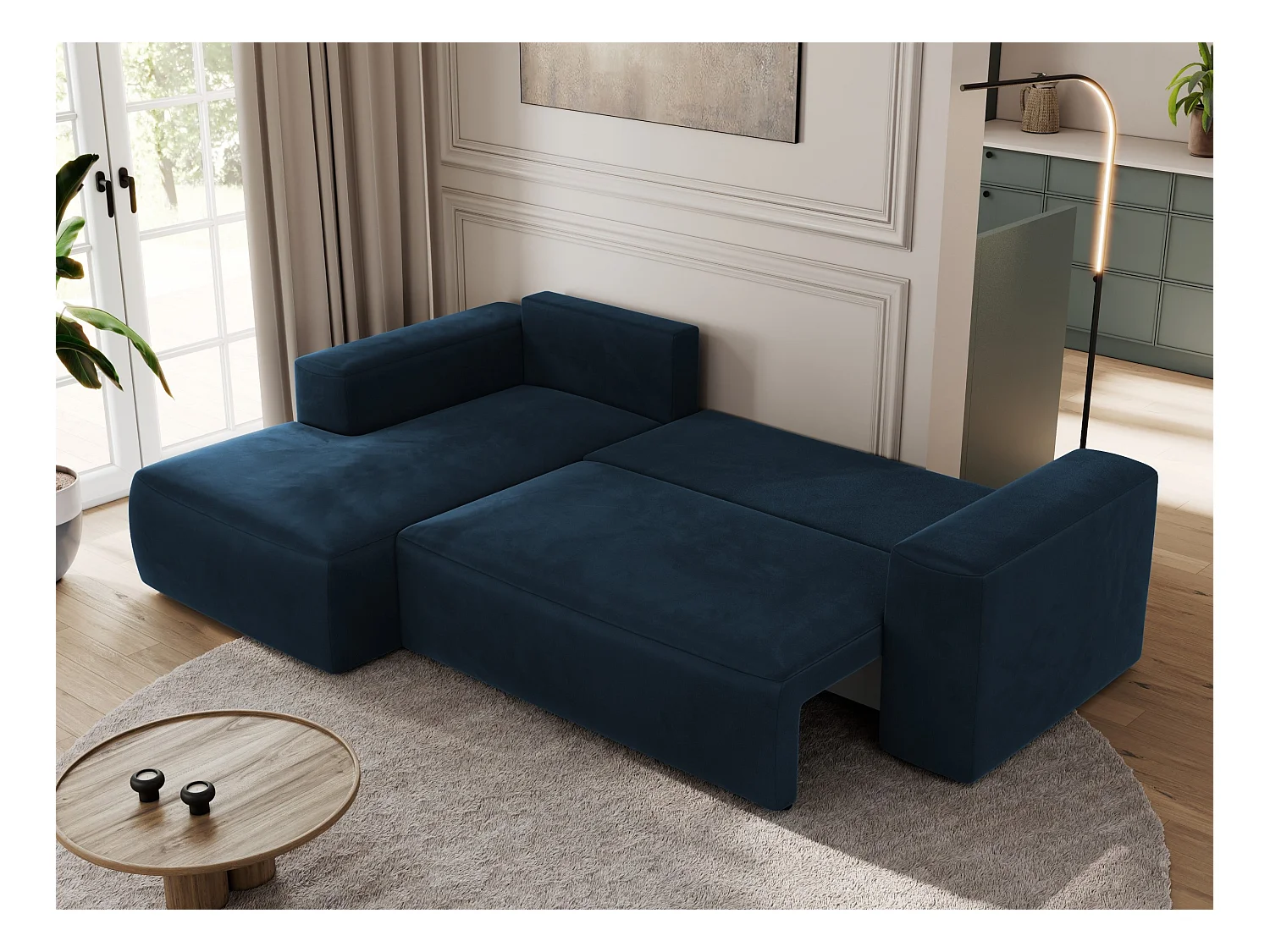 Ecksofa TRENTINO - mit Schlaffunktion und Bettkasten, L-form Couch, lose Kissen und Armlehnen - Dunkelblau Velvet - Ecke Links