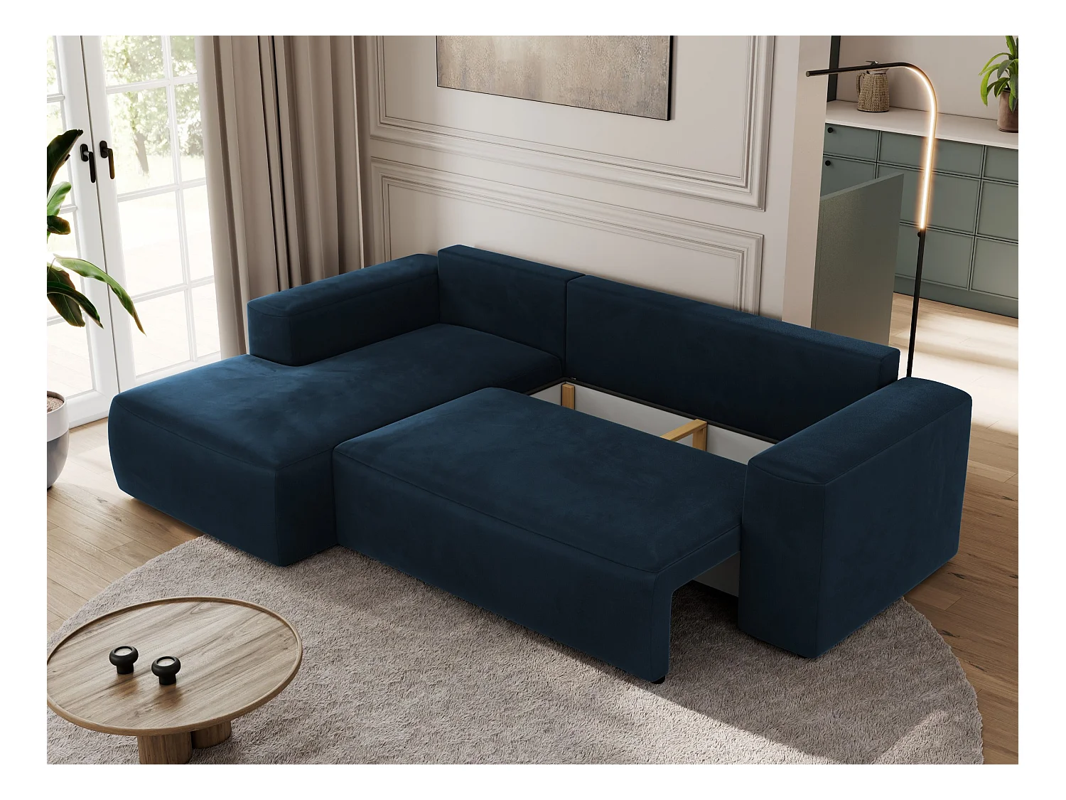 Ecksofa TRENTINO - mit Schlaffunktion und Bettkasten, L-form Couch, lose Kissen und Armlehnen - Dunkelblau Velvet - Ecke Links