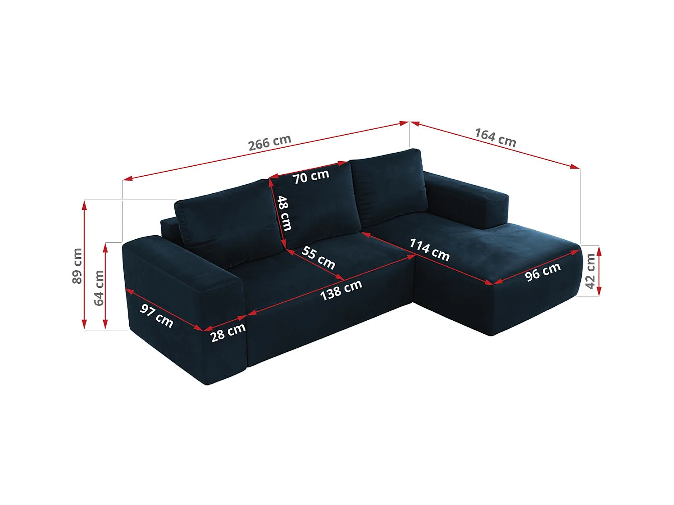 Ecksofa TRENTINO - mit Schlaffunktion und Bettkasten, L-form Couch, lose Kissen und Armlehnen - Dunkelblau Velvet - Ecke Links